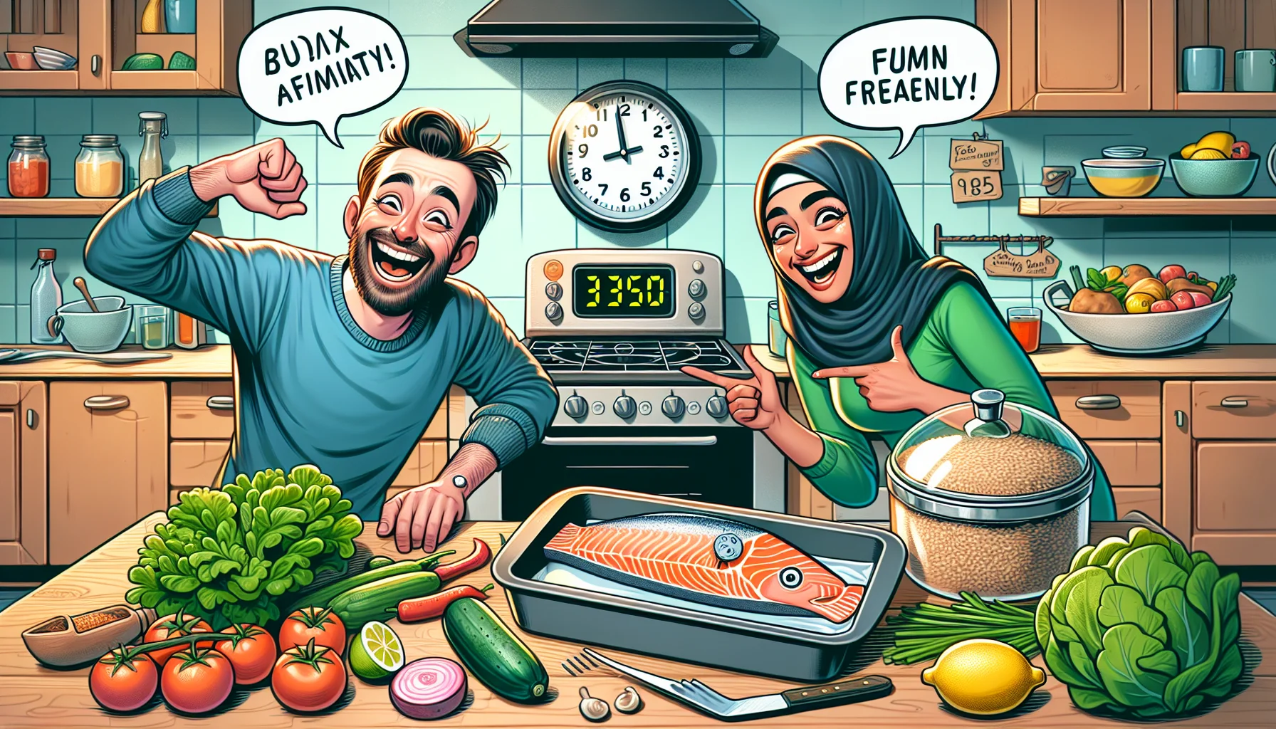 Illustrate an amusing scene set in a homey kitchen filled with cheerful colors. In the foreground, a Caucasian man and a Middle-Eastern woman are laughing heartily while pointing at a salmon in a baking pan and a large oven clock showing '375', indicating the temperature for salmon baking. They are surrounded by various budget-friendly, health-conscious ingredients like fresh greens, tomatoes, lemons, and whole grains. Demonstrating cleverness, a cartoon-like price tag hangs on the fish signifying affordability. The mood should emphasize the fun and monetary benefits of home cooking and healthy eating.
