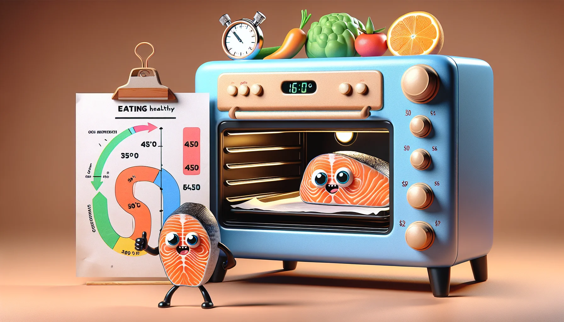 Create a humorous and realistic scene featuring a cartoonish oven with expressive features (glowing eyes, smiling mouth), which proudly displays an illustrated diagram next to it. On the diagram, a piece of salmon being baked at 450 degrees Fahrenheit has a stopwatch with a specific time written on it. The salmon piece, with small cartoon arms and legs, looks happy and is giving a thumbs-up. Behind the salmon, there's a rainbow of veggies and fruits forming a dollar sign to symbolize 'eating healthy for less money'. No people are included in this image.