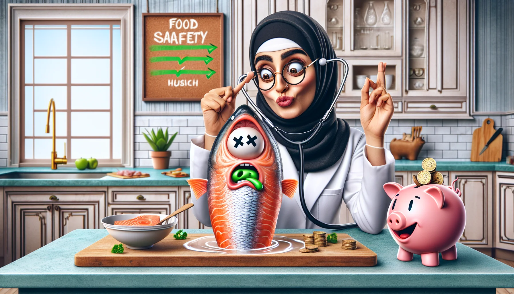 Create an image representing a playful, humorous scene in a beautifully decorated kitchen. In the center, a Middle Eastern woman with a stethoscope around her neck and an expression of shock on her face as she examines a cartoon-style salmon with crossed eyes and a green tongue sticking out, symbolizing that the salmon is bad. Food safety tips are written on a whiteboard in the background, emphasizing the importance of fresh produce. On the corner, a piggy bank with coins spilling out is laughing, symbolizing the savings from eating fresh, healthy foods.