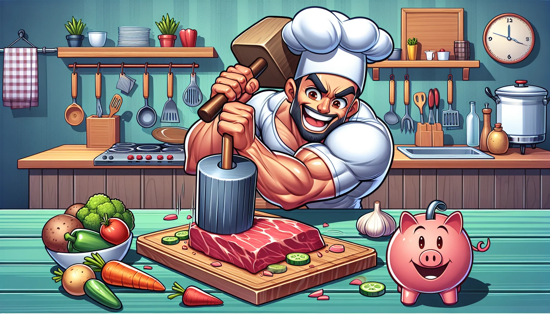 Create an amusing yet educational scene illustrating the process of tenderizing beef stew meat as a way to promote cost-effective, healthy eating habits. Set in a cartoon style kitchen with colorful utensils, depict a character with a comic face. This character, an athletic, Middle-Eastern male, is using a large tenderizing mallet to gently pound a piece of lean, succulent beef for a stew on a wooden cutting board. To emphasize the health aspect, illustrate vibrant, fresh vegetables like carrots and potatoes around, waiting to be added to the stew. Next to him, add a piggy bank with a happy face, symbolizing savings from cooking at home.
