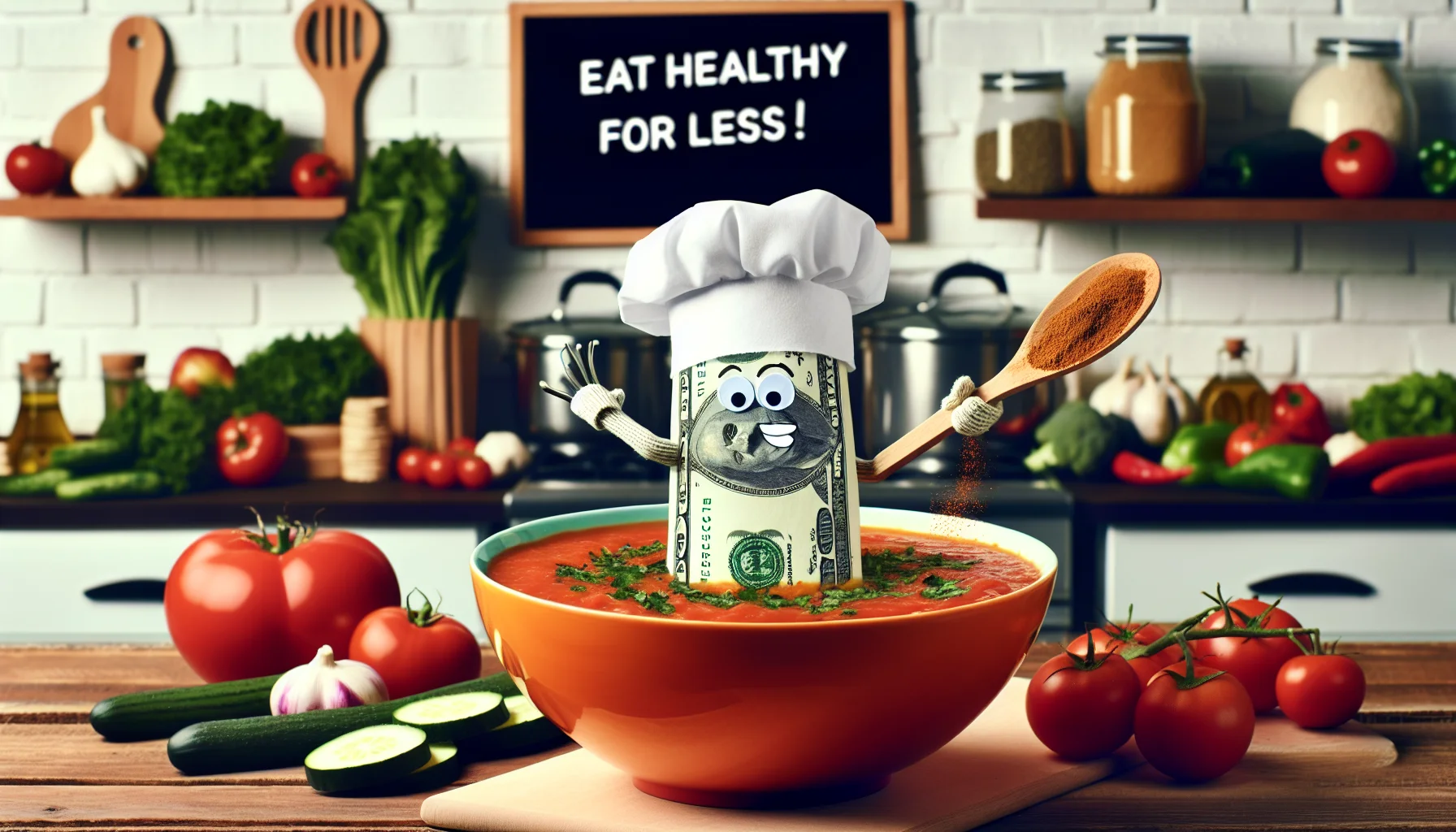 Create a lively and comical scene in a kitchen. In the foreground, a large vibrant bowl of tomato soup is being whisked by an animated dollar bill with expressive facial features. The dollar bill is wearing a chef's hat and apron, and is sprinkling a dash of spices into the soup. The background is filled with various other cost-effective and healthful ingredients like fresh vegetables, whole grains and herbs. A signboard hanging overhead reads, 'Eat Healthy for Less!'. Make the scene as appealing and inviting as possible to encourage viewers towards budget-friendly and healthy eating.