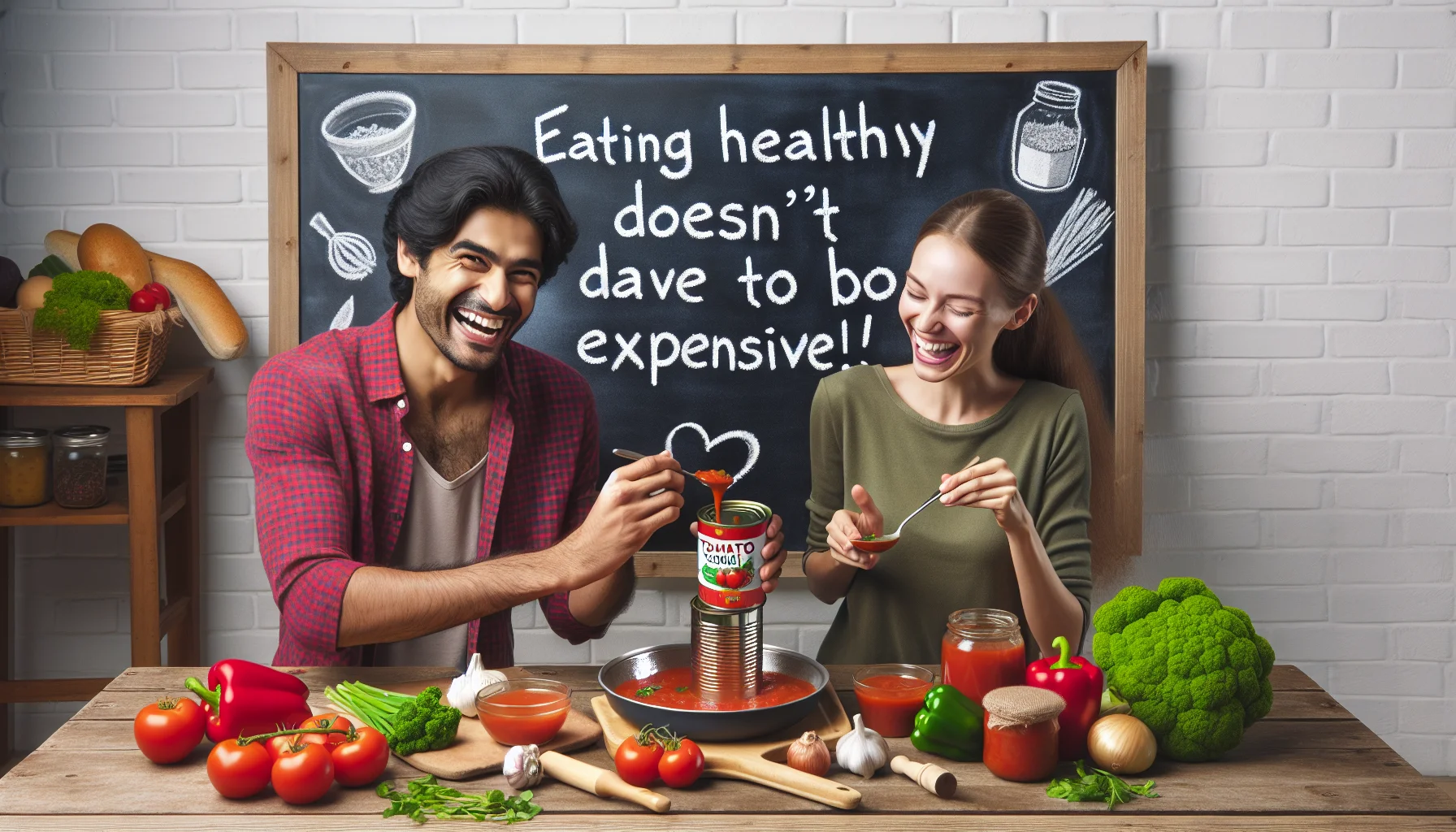 Generate an elaborate, humorous scene in which a South Asian man and a Caucasian woman are happily preparing tomato soup in a modest yet cosy kitchen. They are using canned tomato sauce, alongside fresh vegetables and herbs. On a chalkboard behind them, the phrase 'Eating healthy doesn't have to be expensive!' is written. The ingredients are arranged neatly, indicating a step-by-step guide to making tomato soup from tomato sauce. Their eagerness and enjoyment in cooking the simple meal exude the essence of preparing a wholesome yet budget-friendly meal.