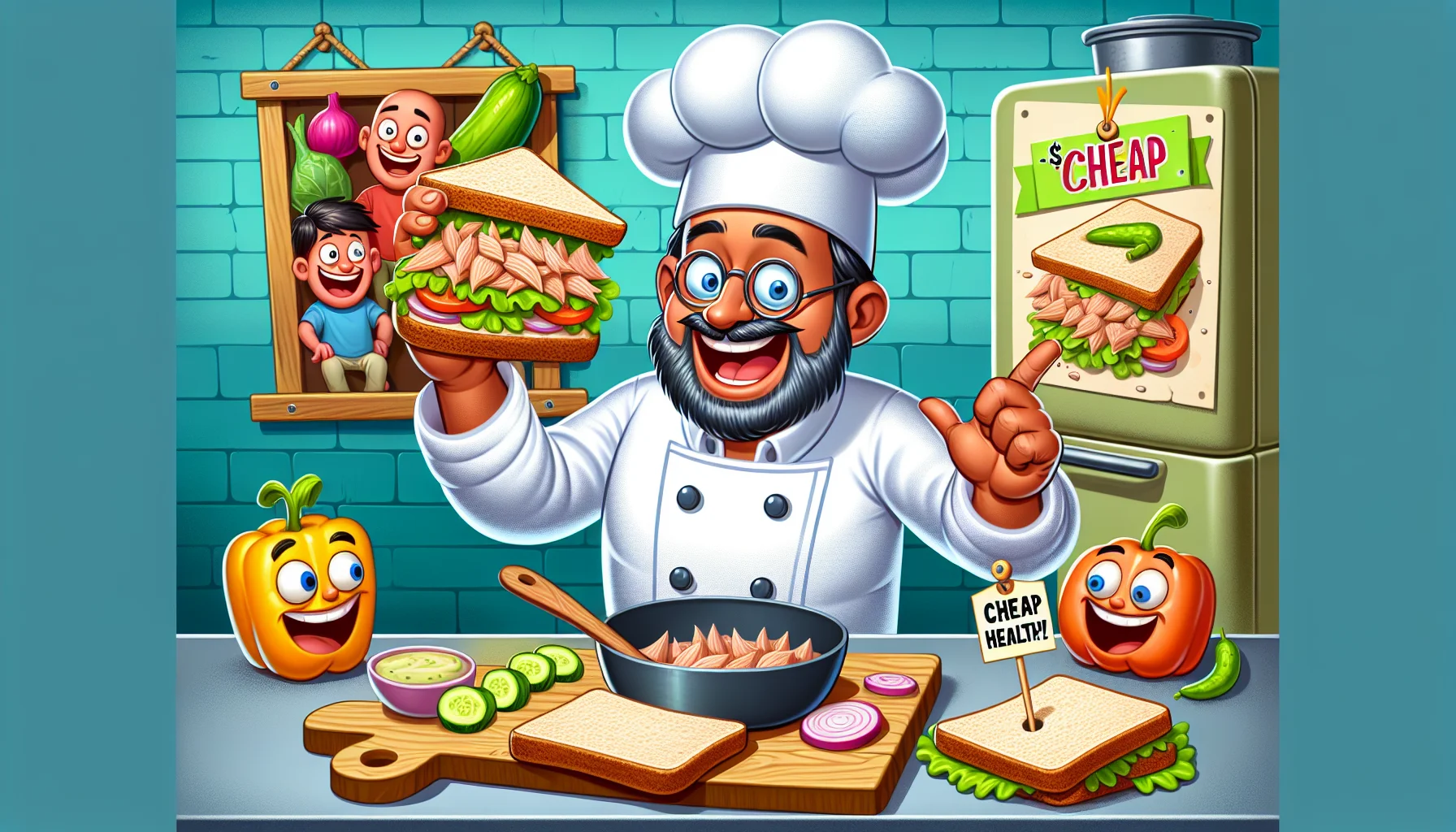 Create a vibrant, cartoonish image that humorously depicts the process of making a tuna sandwich for a cheap, healthy meal. Have an enthusiastic South Asian man wearing chef's attire as the main character. Show him in his cartoon-style kitchen, preparing the sandwich with exaggerated proportions of tuna, lettuce, chopped vegetables, and slices of whole grain bread. Nearby, make sure to place a small tag revealing the surprisingly low cost of the ingredients. Lastly, include an audience of various cartoon vegetables and bread slices watching the process with wide eyes and smiles, promoting the fun of healthy eating.