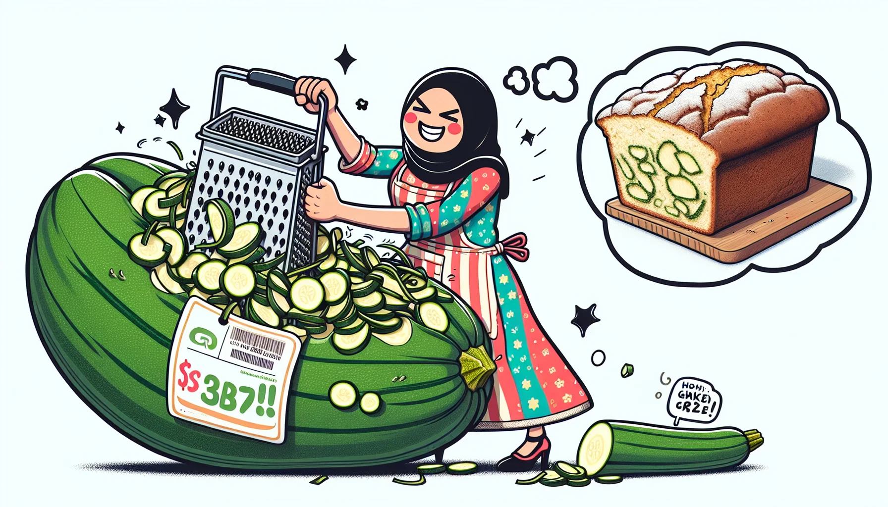 Create an image showing a humorous and engaging scene about how to shred zucchini for bread. In the scene there is a Middle-Eastern woman wearing a quirky apron, comically struggling to handle an oversized zucchini. Filling up every corner, the zucchini appears to fight back while she tries to shred it with a grater. A thought bubble pops out from her head, with an image of a mouthwatering loaf of zucchini bread along with a price tag, hinting the low cost of making it at home. This light-hearted picture tries to subtly encourage people to eat healthier with less money.