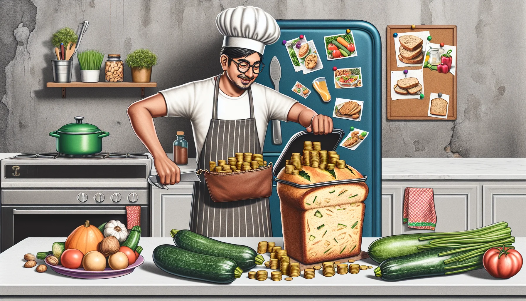 Create an image of a playful scene inside a kitchen where a South Asian man, wearing a chef's hat and apron, is sealing a loaf of freshly baked zucchini bread in an air-tight container. The loaf should look appetizing and is highlighted with a platform of gold coins underneath it symbolizing affordability. Surroundings should showcase healthy ingredients like zucchinis, wholegrains and nuts. To add humor, include a realistic-looking caricature of a wallet peeking out from the man's back pocket, bursting with greenery implying the concept of eating healthily for less. The background should have a magnetic fridge plastered with vibrant recipe sheets which emphasize vegetables.