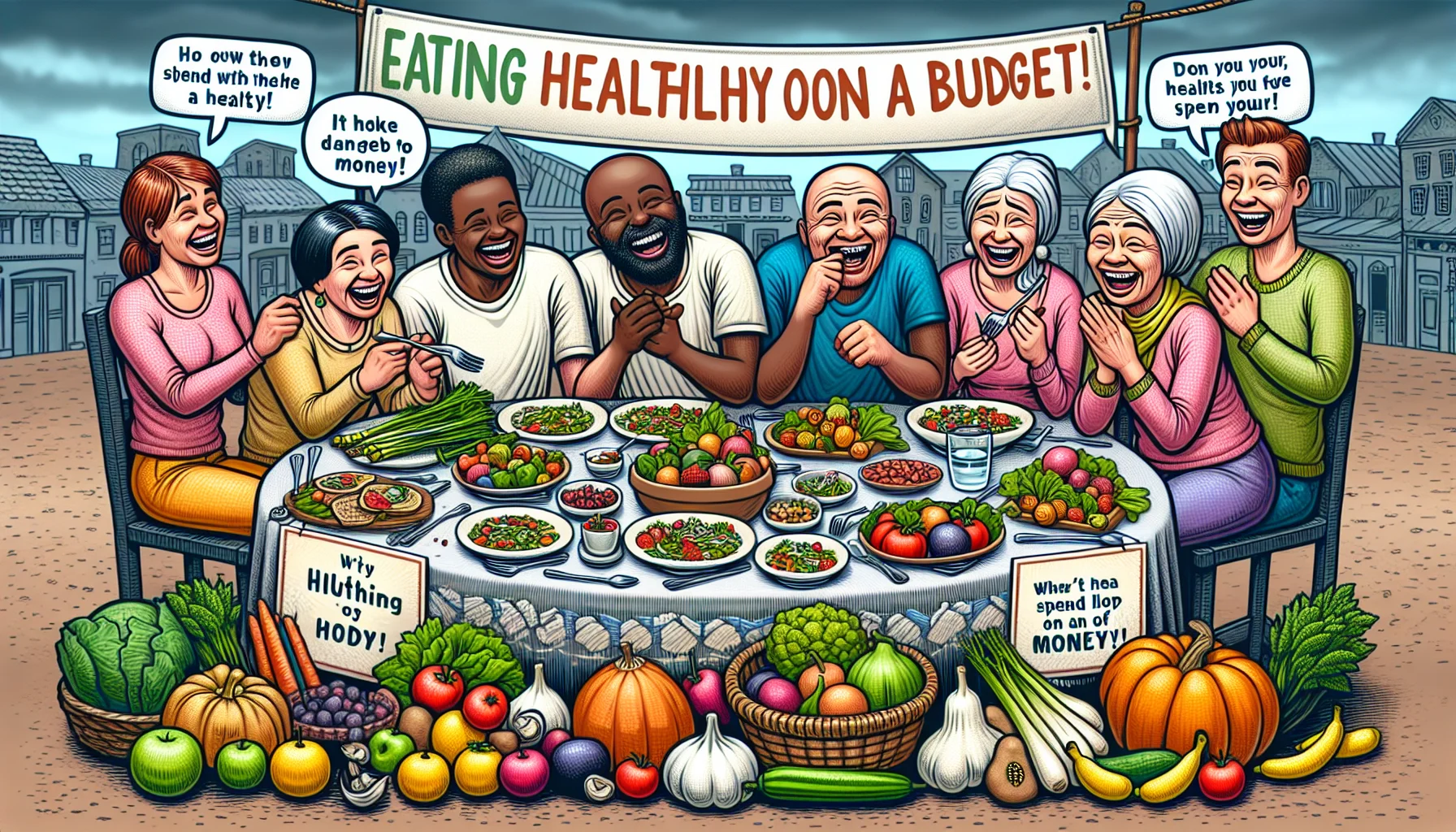Create a detailed image of a humorous scenario that encourages people to eat healthily without spending a lot of money. The scene includes people of diverse descents such as a Black man, a Caucasian woman, a Hispanic elderly woman, and a Middle-Eastern young man. They are all laughing around a table filled with colorful, fresh produce purchased from a local market. The table is also adorned, not with pricey dishes, but with simple, healthy meals made from the fresh produce. There are signs and banners around them with catchy phrases related to eating healthy on a budget.