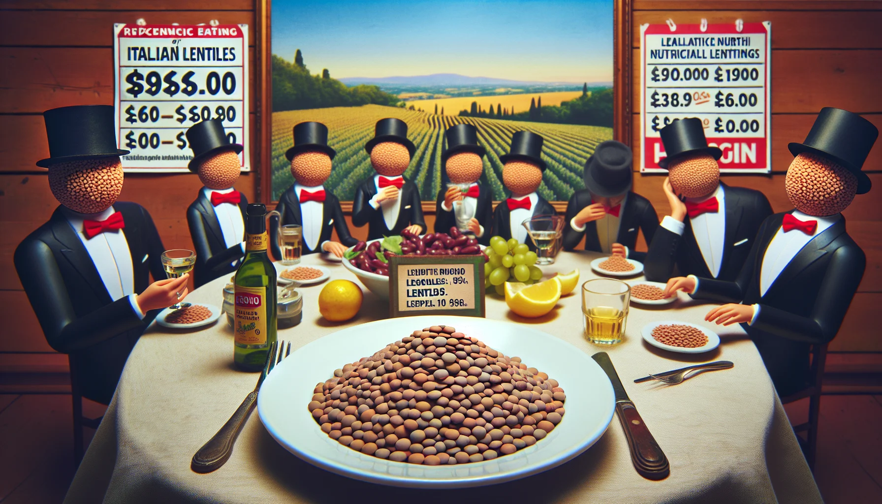 Visualize a humorous, yet tasteful, scene promoting healthy and cost-effective eating with an emphasis on Italian lentils. Imagine a platter of delicious, nutritious Italian lentils wearing tiny top hats and bow ties, engaging in conversation at a fancy cocktail party. The surrounding scene includes cost indicators (like price tags and discount stickers) humorously suggesting affordability. The backdrop details an idyllic Italian countryside, emphasizing the origin of the lentils. This whimsical scene showcases the lentils as economical yet delightful dining options.