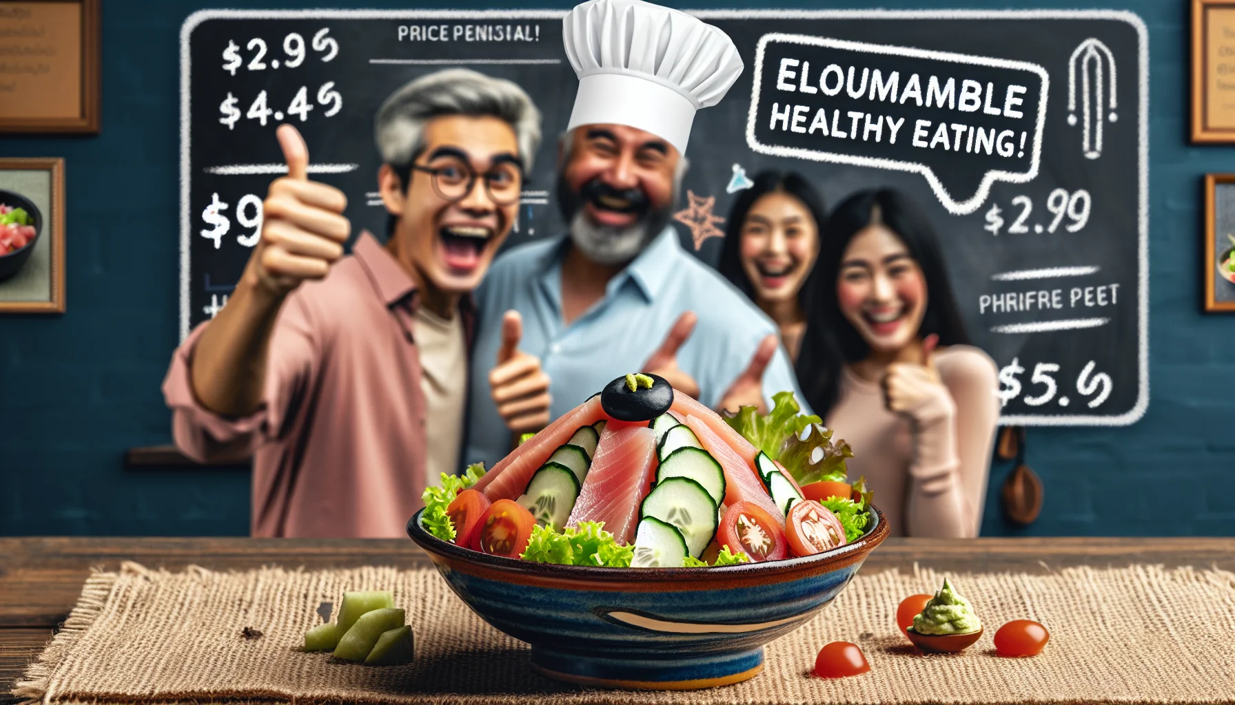 Create an amusing and enticing scenario exemplifying economical healthy eating. Picture a Japanese tuna salad on a traditional ceramic plate, presented by a Middle-Eastern man with a whimsical chef hat, and a South Asian woman giving a thumbs up. The background includes a price tag showing an affordable price and a chalkboard with fun facts about the benefits of eating tuna salad. The colors are vibrant, enhancing the appeal of fresh ingredients like sliced tuna, crisp lettuce, sliced cucumbers, cherry tomatoes, and a drizzle of wasabi dressing. Blurred yet joyful faces are in the background benefiting from such delightful feast.