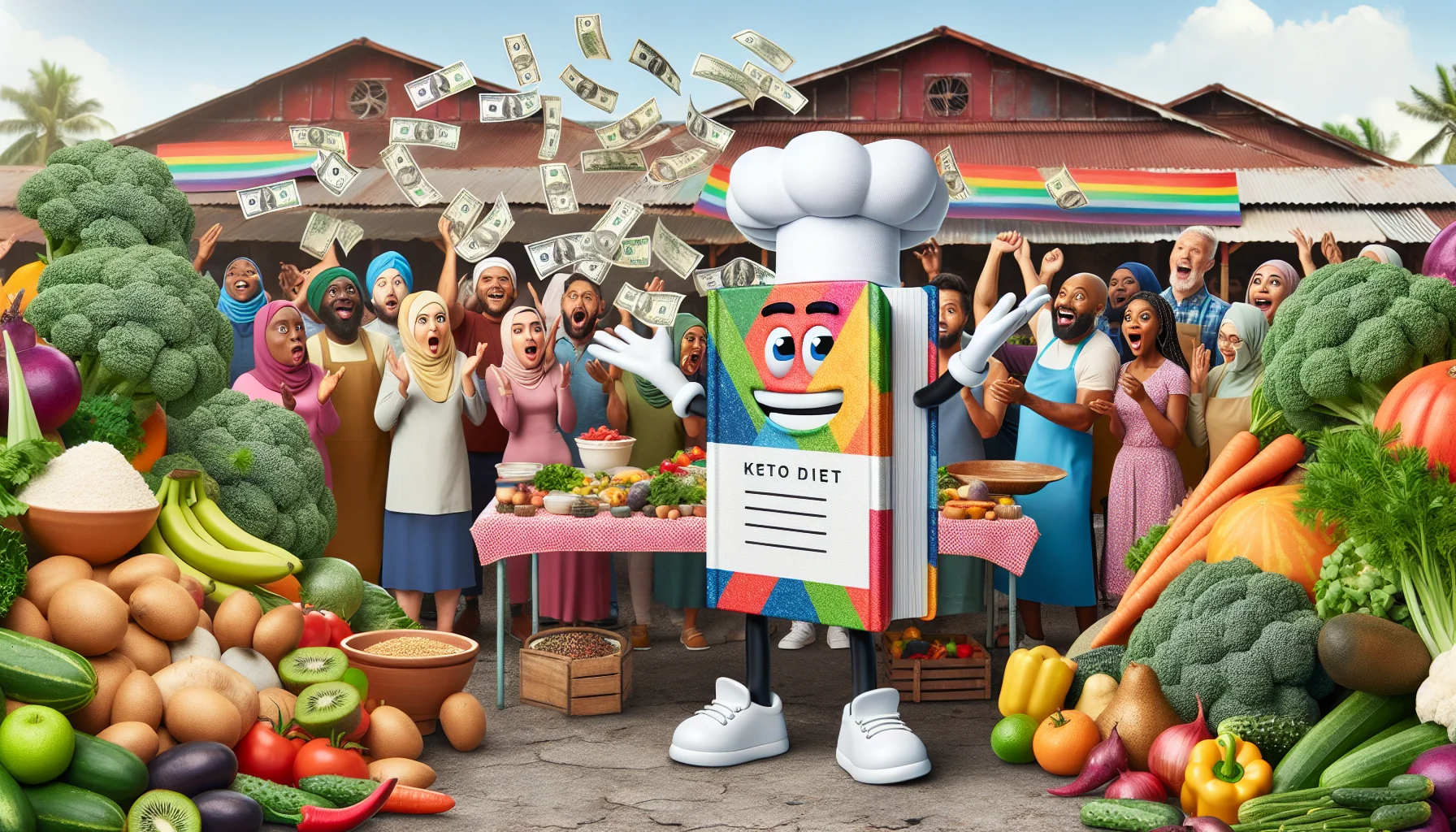 Create a humorous and realistic scene where a Keto Diet Recipe Book is personified. Decked out in a colorful chef's outfit with vegetables and fruits as accessories, it is haggling at a traditional market. Rainbow-colored currency notes are flying as it gets fresh ingredients for cheap deals, while a diverse crowd of amazed onlookers with people of Caucasian, Hispanic, Black, Middle-Eastern, and South Asian descents watches with smiles and wide eyes. All around, visual metaphors of health and prosperity enhance the scene. This image uniquely highlights the idea of eating healthily for less.
