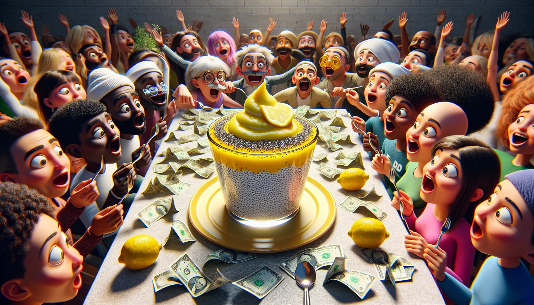 Imagine a hilarious scene that illustrates the affordability of healthy eating. At the center, visualize a vibrant lemon chia pudding, glowing with golden hues from fresh lemons and speckled with tiny chia seeds. It sits atop a table made of crumpled dollar bills, to emphasize its cost effectiveness. A multiethnic group of animated characters, with Black, Caucasian, South Asian, and Hispanic men and women, are gathered around. They have their eyes wide open in shock, mouths watering with anticipation, and are reaching out for spoons, ready to partake. Make the whole setting fantastical and charming, to inspire a welcoming perspective towards healthy food.