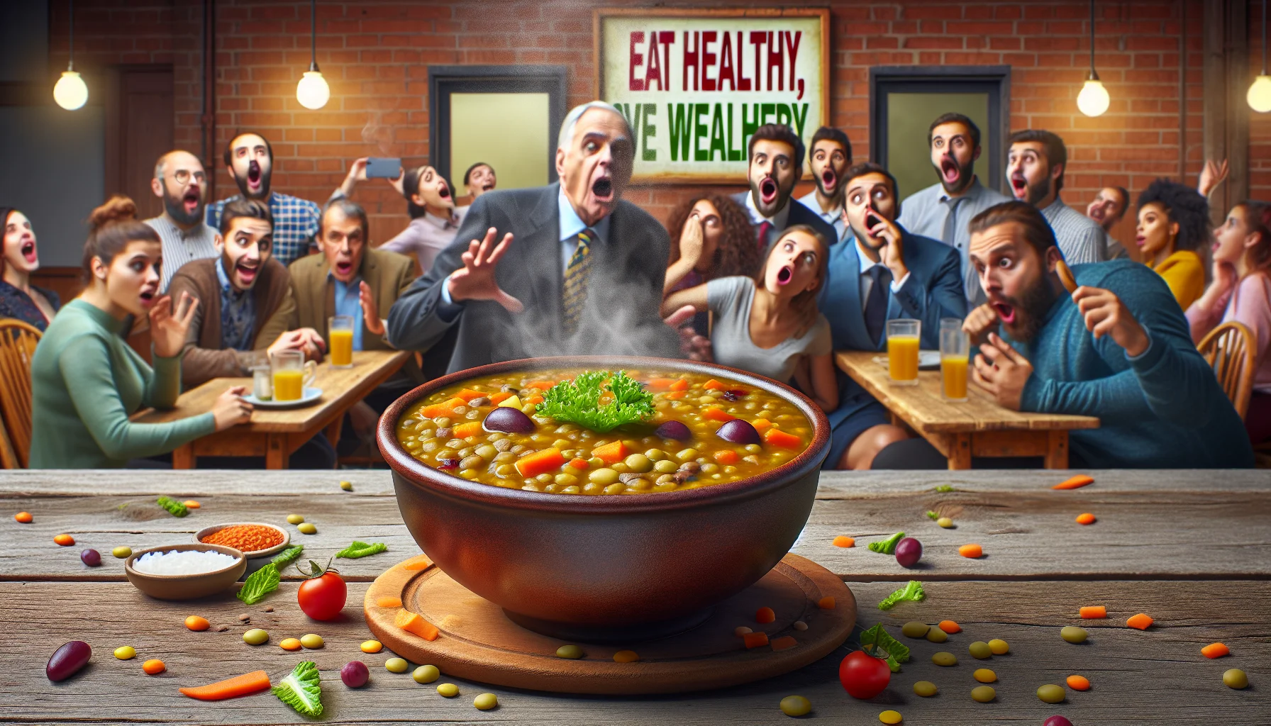 Create a humorous and realistic image portraying an immersive scene at a budget-friendly restaurant. The star of the show is a steaming, appetizing bowl of lentil soup placed prominently on a rustic wooden table. The soup is exuding an array of vibrant colors from the assortment of vegetables within it. In the background, various customers are visibly impressed and excited about their choice of affordable, yet nutritious meal. There's a playful sign hanging on the wall which says 'Eat Healthy, Save Wealthy' further emphasizing the idea of eating healthy on a budget.