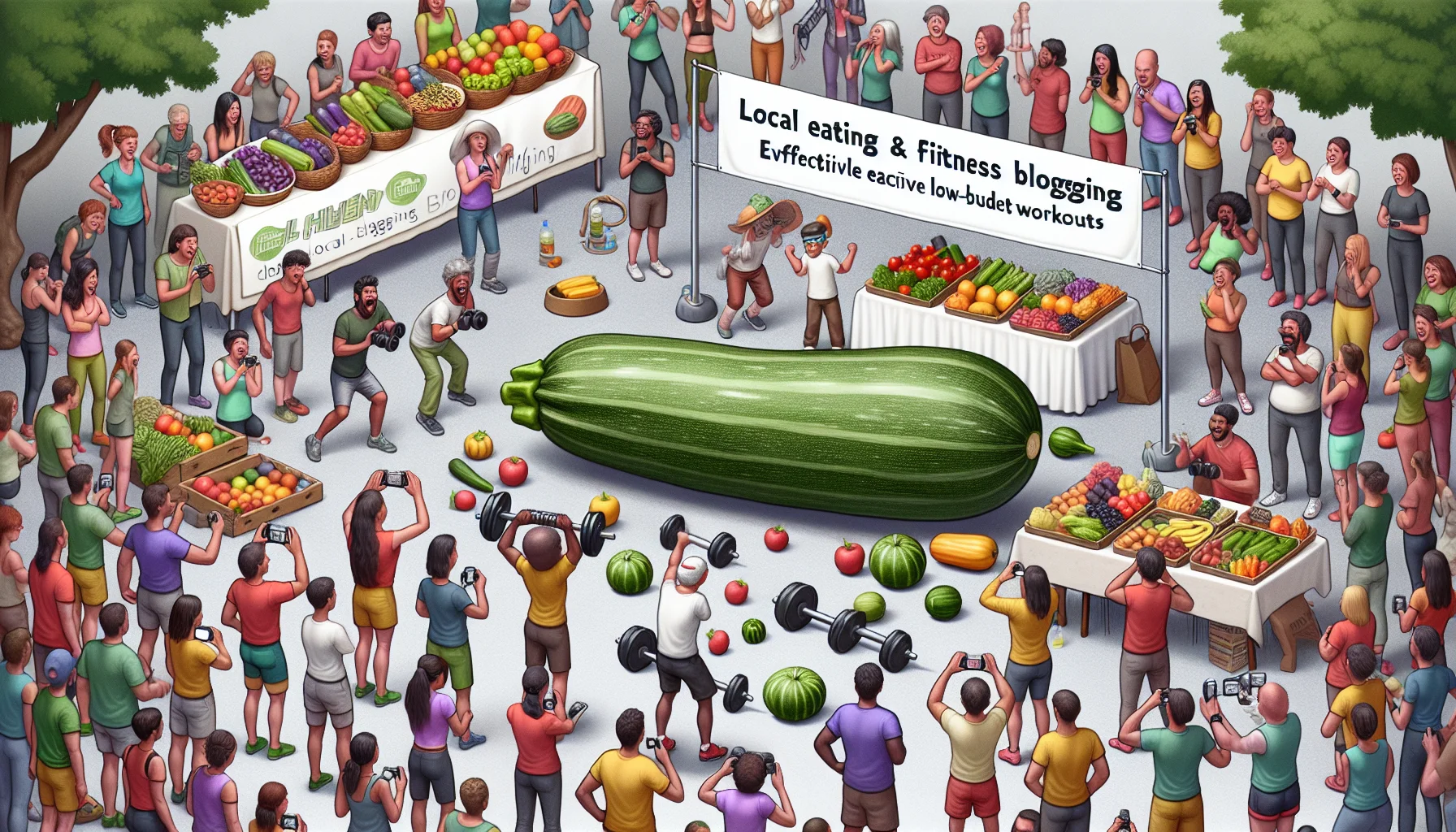 Create a highly detailed and realistic image of a funny and entertaining scene representing a local eating and fitness blogging event. Imagine different booths, each offering a wide variety of fresh, colorful fruits and vegetables, and fitness instructors demonstrating effective low-budget workouts. Include an amusing scene in the center, such as a person misinterpreting a zucchini for a weight, eagerly lifting it in the air. Add cheerful crowd comprising of multi-ethnic spectrum - Asian, African, Caucasian etc, of diverse genders observing, laughing, documenting and participating in the event. The overall vibe should be positive, promoting healthy living at a low cost.