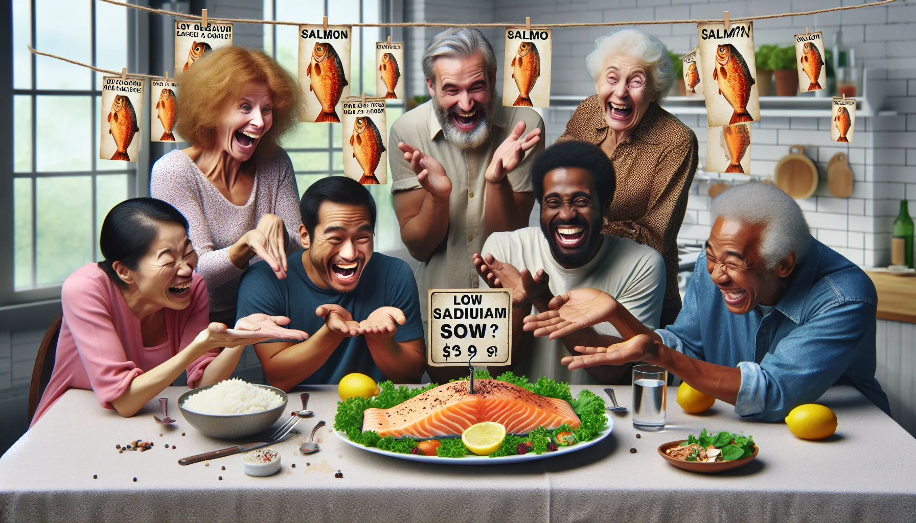 Create a humorous yet realistic scene, focusing on low sodium salmon recipes. Begin with a beautifully garnished salmon dish on a table, with price tags hanging from it showing surprisingly low costs. Around the table, a group of diverse people consisting of a middle-aged Caucasian woman, a young Hispanic man, a senior-aged Black man, and a South Asian child, all laughing riotously. They are pointing at the salmon in disbelief at how affordable and healthy it is. In the background, perhaps adorn the setting with light-hearted, healthy food-related posters to enforce the theme of eating healthy for less money.