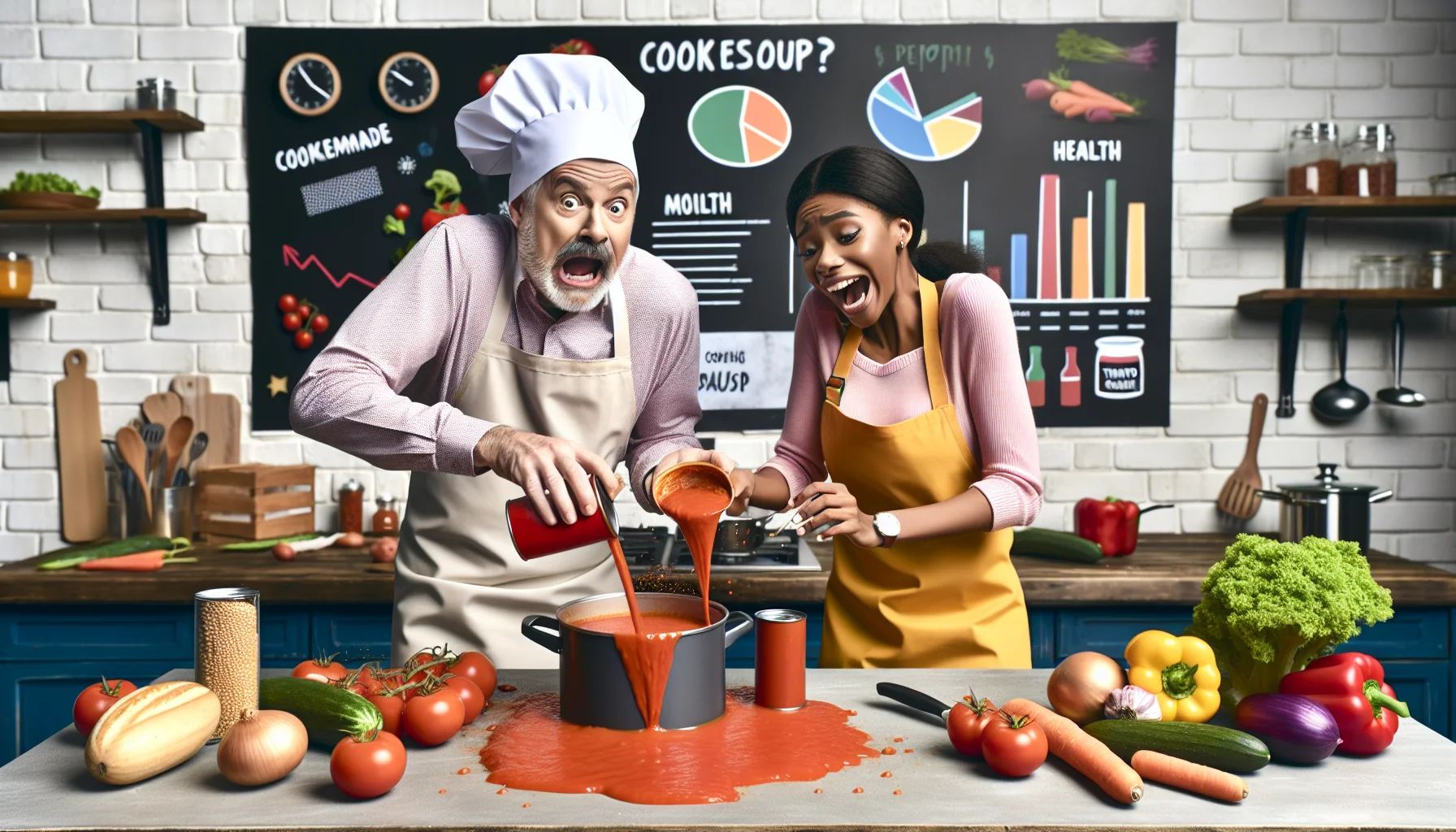 Create an image of a humorous scenario. A middle-aged Caucasian male and a young Black female are making tomato soup from tomato sauce in a kitchen buzzing with activity. They wear bright-colored aprons and chef hats, with the male accidentally causing a splash of sauce while stirring. They are surrounded by fresh vegetables, a cooking pot, a can of tomato sauce, and cooking utensils. Various charts and graphs on the wall indicate the cost-effectiveness and health benefits of homemade meals. The atmosphere is jovial and enticing, urging people towards the idea of eating healthy for less money.
