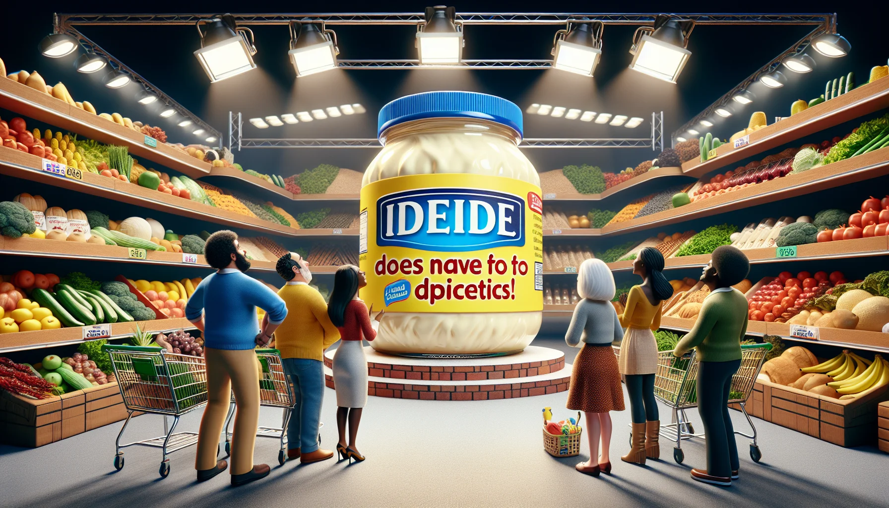 Generate an image of an amusing, creative and realistic scene set in a grocery store. In the heart of the scene, a jar of mayonnaise is on a pedestal, surrounded by spotlights, with a huge colorful sign that reads, 'Ideal for Diabetics!'. A diverse group of customers, including a Middle-Eastern man, a Hispanic woman, a South Asian teenager, and a Black senior are gazing at the jar with astonishment. Their shopping carts are filled with fruits, vegetables, and whole grains. On the side, there is a large banner saying, 'Healthy does not have to be pricey!'
