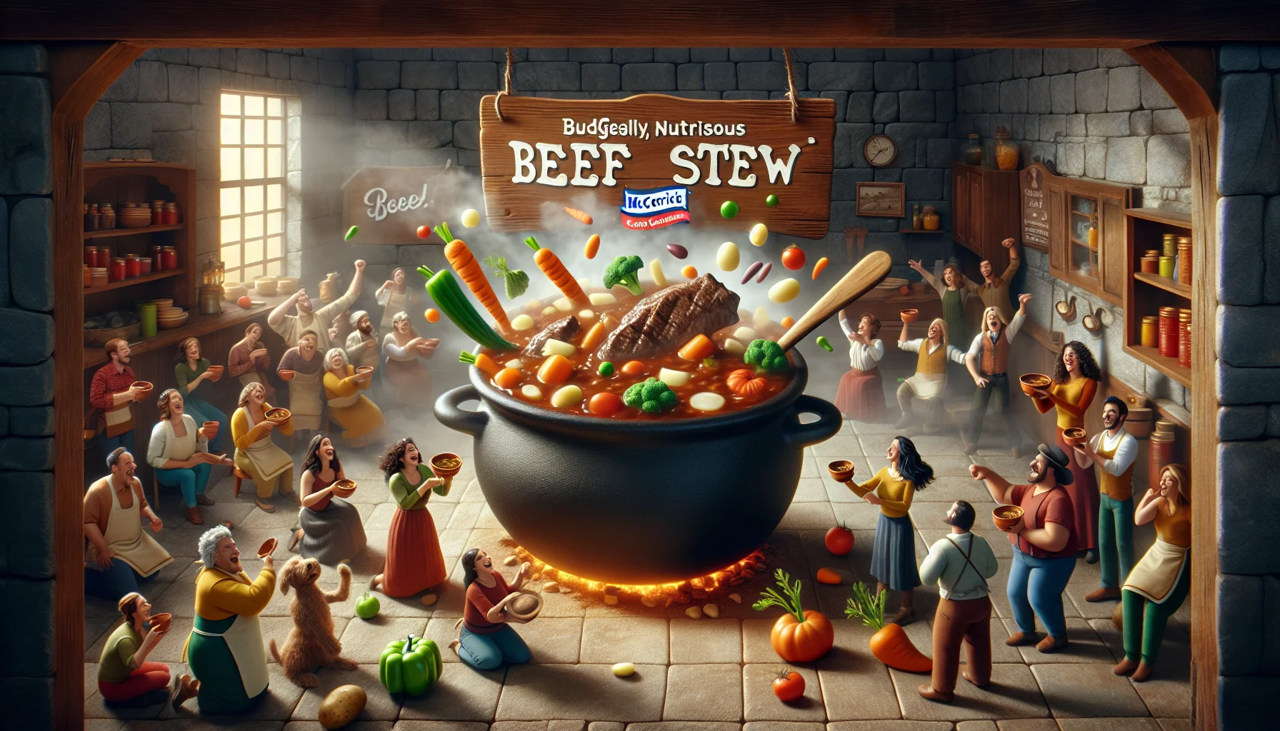 Create an engaging and humorous scene featuring a budget-friendly, nutritious beef stew from McCormick. The visual should draw the viewer's eye to a rustic kitchen, where a jovially animated earthenware pot is bubbling over with a hearty beef stew. A lively assortment of vegetables, such as vibrant carrots, earthy potatoes, and juicy tomatoes, can be seen dancing around the pot in a playful manner. Various people of different genders and descents are drawn towards the delicious scent, their faces filled with anticipation as they hold their bowls out, ready to savour the hearty stew.