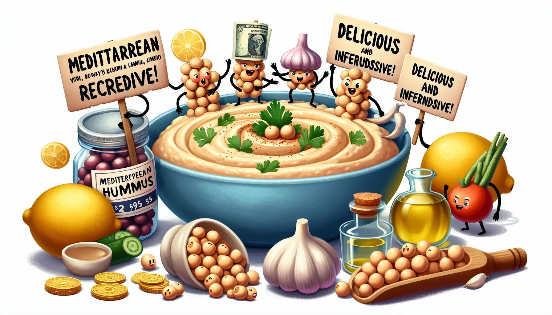Create a whimsical image of a Mediterranean hummus recipe brought to life. Visualize the ingredients of the hummus: chickpeas, tahini, garlic, lemon, and olive oil, engaged in a playful scene. Some of them could be on a tight budget, counting coins, while others are holding signs promoting the benefits of eating healthy and exclaim: 'Delicious and inexpensive!' Ensure the depiction is realistic but still appealing and humorous to encourage healthier food choices.