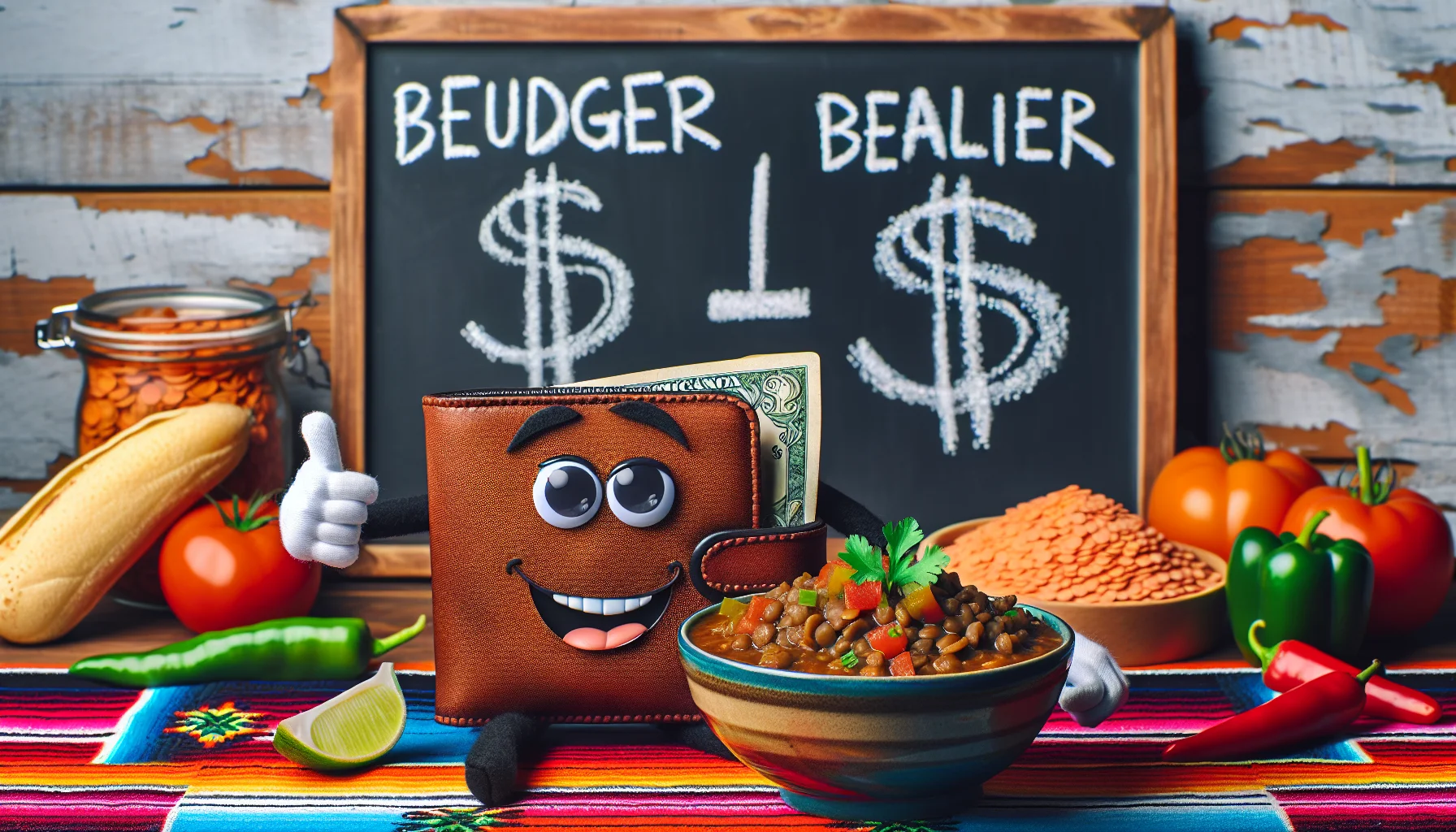 Picture a humorous scene promoting budget-friendly, wholesome eating with a delicious Mexican lentil soup on display. A bowl of this delightful vegetarian soup is dominated by brown lentils, diced tomatoes, and vibrant bell peppers, topped with a sprinkle of fresh cilantro. A playful anthropomorphic wallet, grinning with a thumbs-up, takes centre stage endorsing the soup. The ambiance is convivial, with a festive tablecloth portraying traditional Mexican patterns. In the background, a chalkboard Juxtaposes the cost of a fast-food meal against the healthier, economical Mexican lentil soup, emphasizing affordability and nutrition. The message is clear: Eating healthy doesn't need to break the bank.