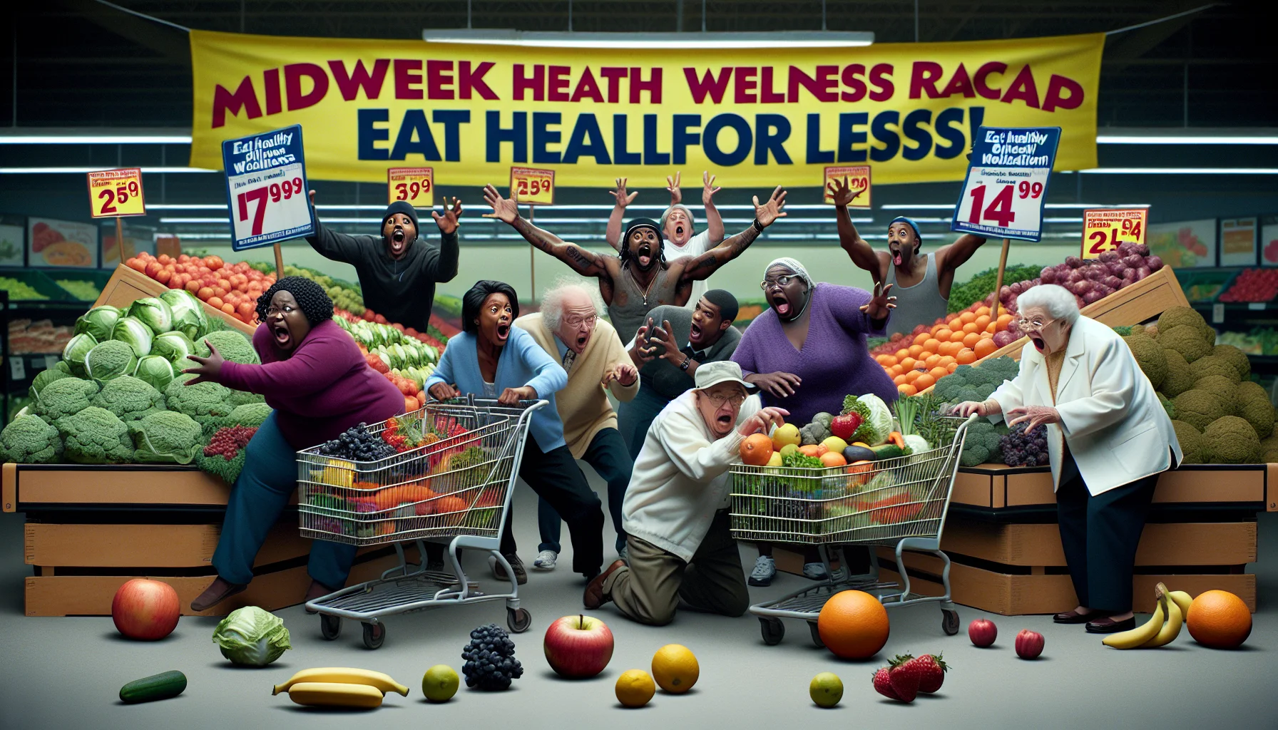 Create a humorous and realistic image centered around a 'Midweek Health and Wellness Recap'. The scene should depict an exaggerated supermarket sale, where fruit and vegetable prices have plummeted ridiculously low. A diverse array of shoppers, including a Black man, a Hispanic woman, a Caucasian elderly couple, and a South Asian teenager, excitedly toss inexpensive fresh produce into their carts. The backdrop features a large banner that reads 'Eat Healthy For Less!'. Everywhere, there is a sense of surprise, joy, and a newfound passion for affordable nutrition.