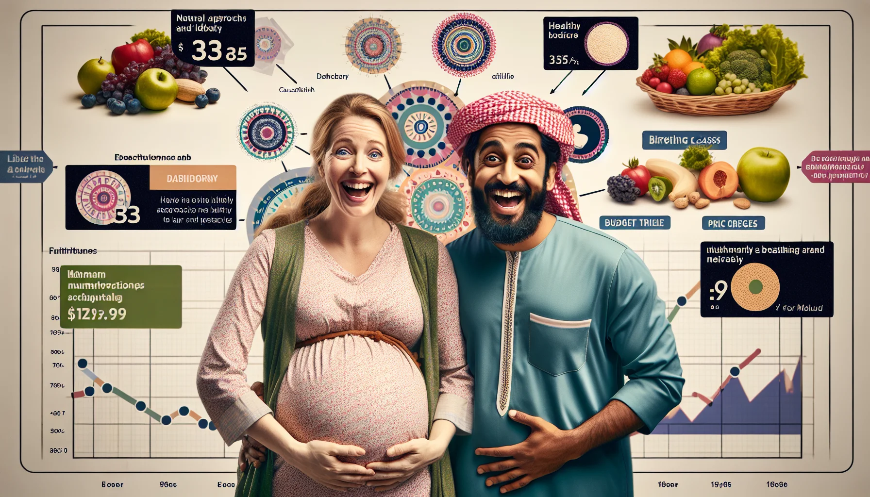 Generate an amusing and realistic image showcasing natural approaches to labor and delivery. This image should feature an expectant Caucasian mother and a Middle Eastern father, both in a birthing class practicing breathing techniques, with happy and humorous expressions. Incorporate visual elements that provide educational info about healthy and budget-friendly eating strategies for expectant parents, such as a chart illustrating the amount of nutrients in various fruits and vegetables, alongside price tags. Let the overall ambience of the image be playful and informative, aimed at promoting a healthier lifestyle.
