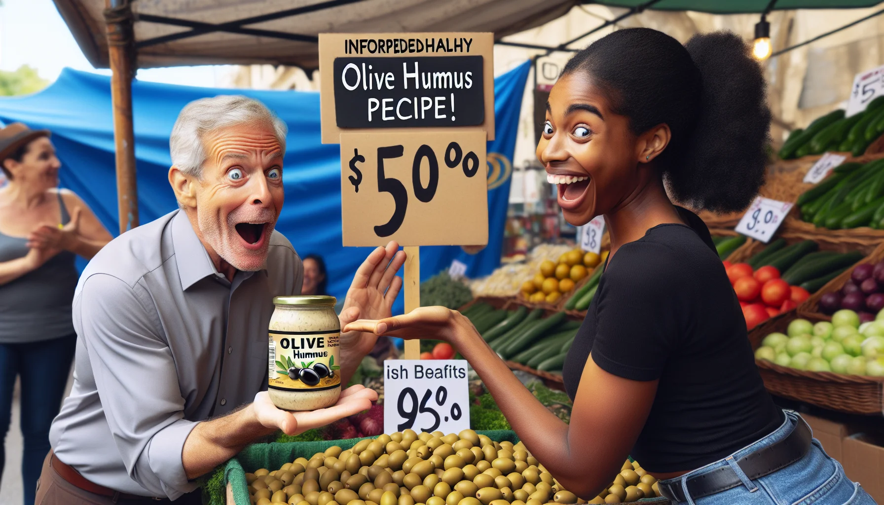 Create a humorous and realistic image that portrays an inexpensive and healthy olive hummus recipe. Imagine a scene where a middle-aged Caucasian man and a young Black woman are bargaining at a lively farmer's market. The man is wide-eyed with surprise, holding a large, fresh olive hummus jar in one hand, showcasing the label to the camera. The woman, the vendor, is grinning broadly, pointing at the price tag that displays a ridiculously low price. The signs around the stall proudly proclaim the health benefits of the olive hummus.