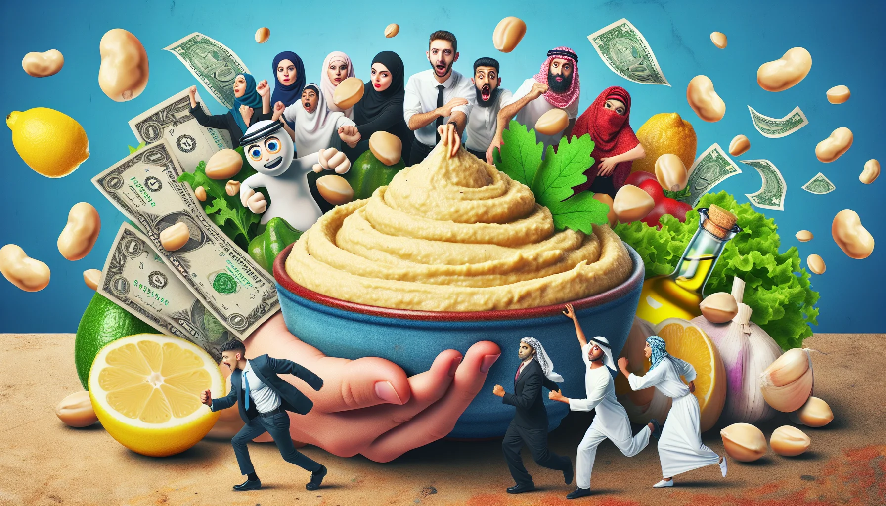 Create an amusing yet realistic image which presents a Palestinian hummus recipe in an engaging way. The image features a hefty bowl filled with creamy hummus, also vividly portraying ingredients such as chickpeas, lemon, garlic, and olive oil. In the background, a group of diverse individuals representing various descents such as Caucasian, Middle-Eastern, Hispanic and South Asian are shown. They try to grab chickpeas turned into funny cartoon characters, running around with dollar bills and salad leaves, indicating that eating healthy can be inexpensive. The scene captures the fun and budget-friendly aspect of healthy eating.