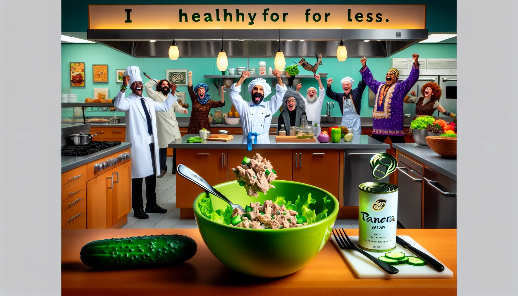 A humorous and enticing scene featuring the preparation of a Panera-inspired tuna salad. The kitchen is bustling with activity: utensils are dancing, and ingredients are jumping into a vibrant bowl on their own accord. The lettuce is doing somersaults, the cucumber doing a pirouette, and the can of tuna is shaking itself open, its contents leaping out joyously. On the counter, a sign reads 'Eat Healthy for Less,'. In the background, two costumed individuals, a Caucasian man dressed like a dollar bill and a Middle Eastern woman holding a sign that reads 'I Love Healthy Food,' are cheering on the show, celebrating affordable and nutritious choices.