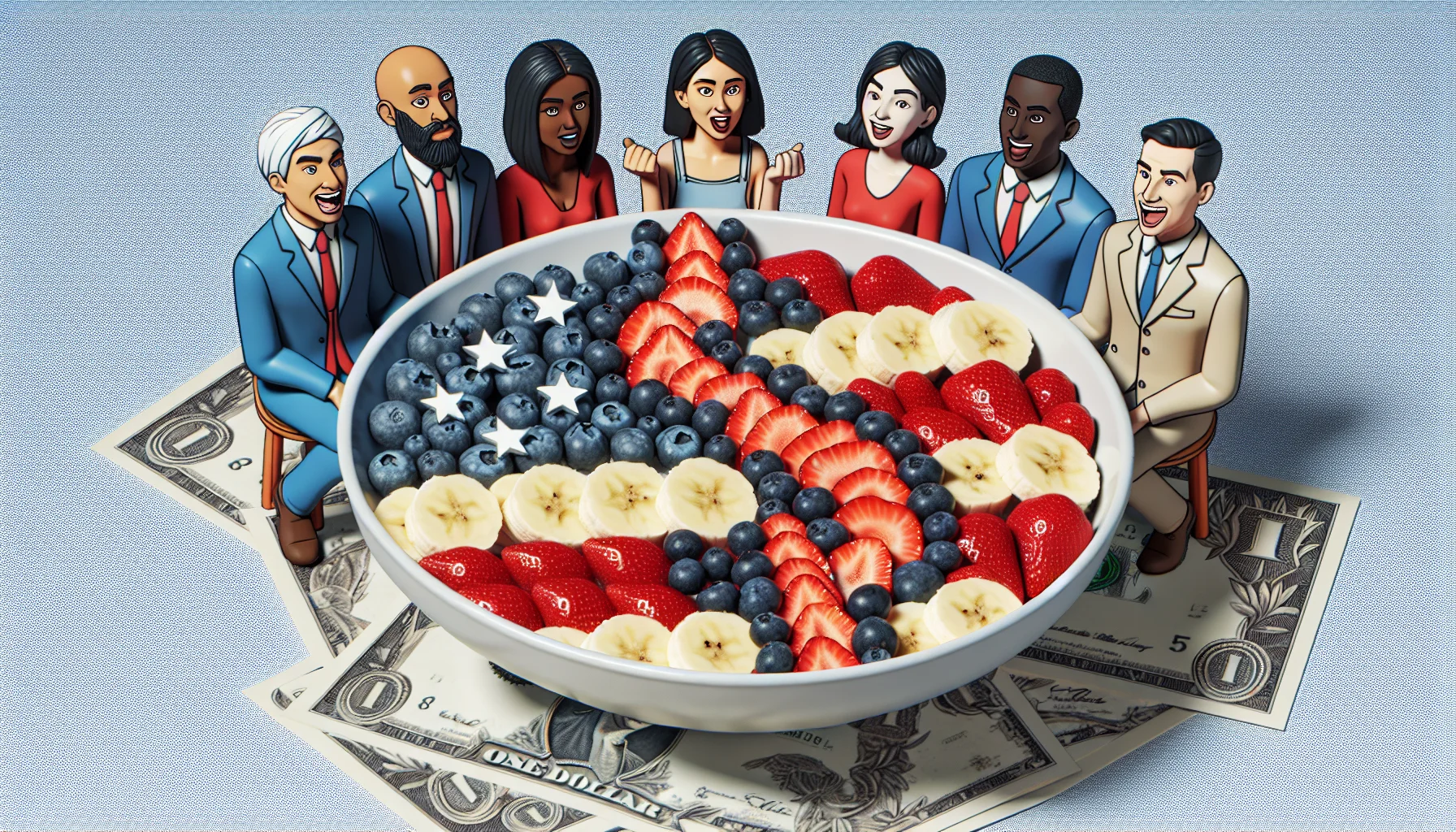 Envision a comical setting displaying a Patriotic Red, White, and Blue Fruit Salad. This multi-colored spread includes strawberries, blueberries, and sliced bananas, punctuating the vibrant colors of Patriotism. The salad is arranged in a creative fashion that playfully represents a 'dollar sign', signifying affordability. Around the salad, caricatures of people from diverse descents and both genders - Caucasian woman, Black man, Middle-Eastern man, South Asian Woman, Hispanic woman, and White man - show expressions of excitement and amusement. All this aims to promote the idea of eating healthy for less money.