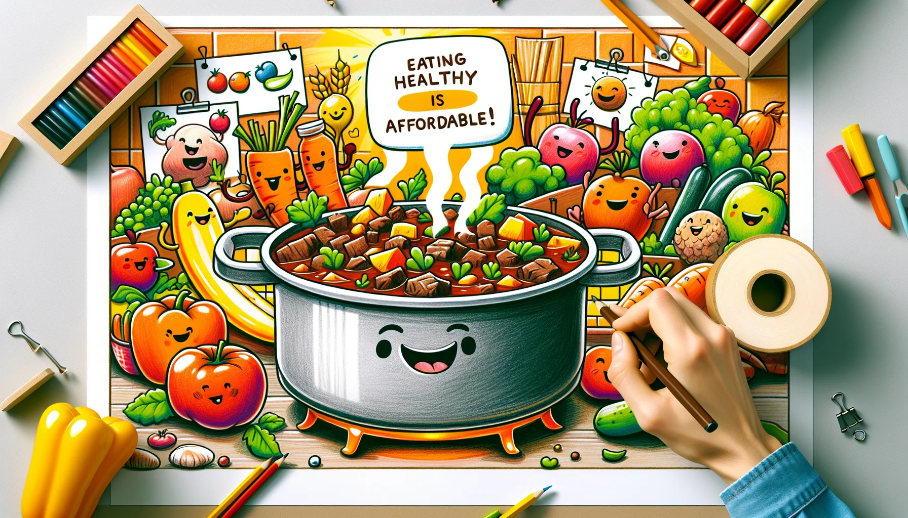 Draw a picture featuring a pot of beef stew, full of hearty vegetables and tender meat, simmering on a stove. The colors are warm and appetizing. Create a jovial setting around this with smiling kitchen tools, dancing and cheering as they participate in the dish's preparation. Nearby, a poster hangs in the background, picturing fruits, vegetables, grains, and other healthy, budget-friendly foods. The poster bears a slogan, 'Eating Healthy is Affordable!' to inspire viewers.