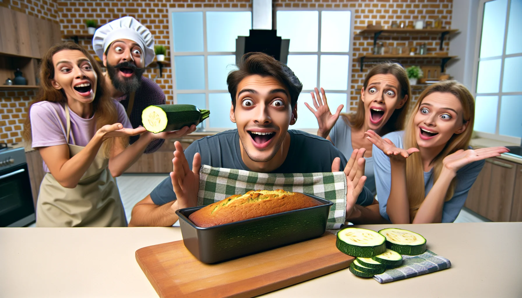 Create a realistic image of a scenario featuring a humorous situation centered around zucchini bread. This is no ordinary zucchini bread; it's part of a cost-effective and healthy recipe. Make it so enticing, lively, and appealing that it arouses the curiosity of people to try it. In the frame, introduce an eco-friendly kitchen with individuals of different genders and descents cooking and enjoying the aroma of freshly baked zucchini bread. Show some funny and quirky expressions of joy, surprise, and overwhelm expressing how such a simple and cost-effective recipe can be so delicious and promoting healthy eating.
