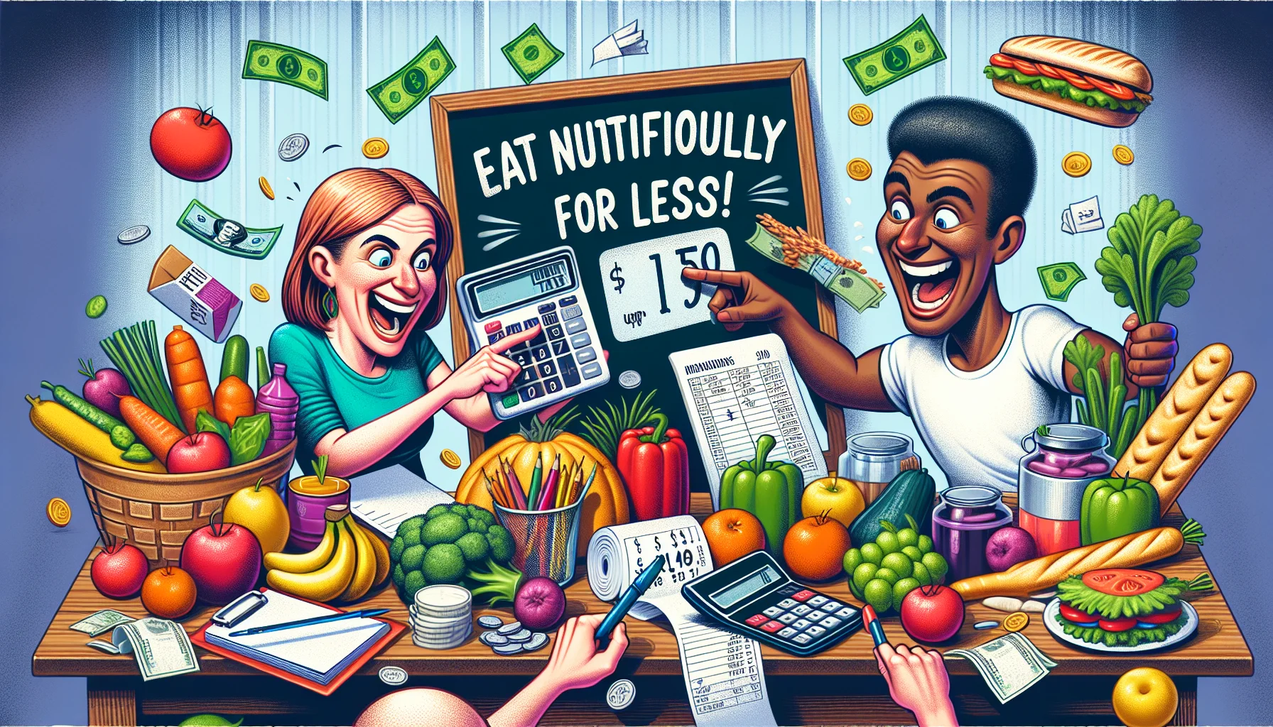 A humorous kitchen scene in which characters are meticulously calculating a grocery budget. Stationary, calculators, and money are strewn about the table. A mix of food items, both healthy options like fruits, vegetables, lean meats, and whole grains, as well as processed junk food are displayed. The characters, a Caucasian woman and a Middle-Eastern man, are laughing and playfully arguing pointing towards the healthy options with a big caption saying 'Eat nutritiously for less!'. Another character, a Black boy, is popping out from behind with a wide grin, holding up a large calculator showing impressive savings.