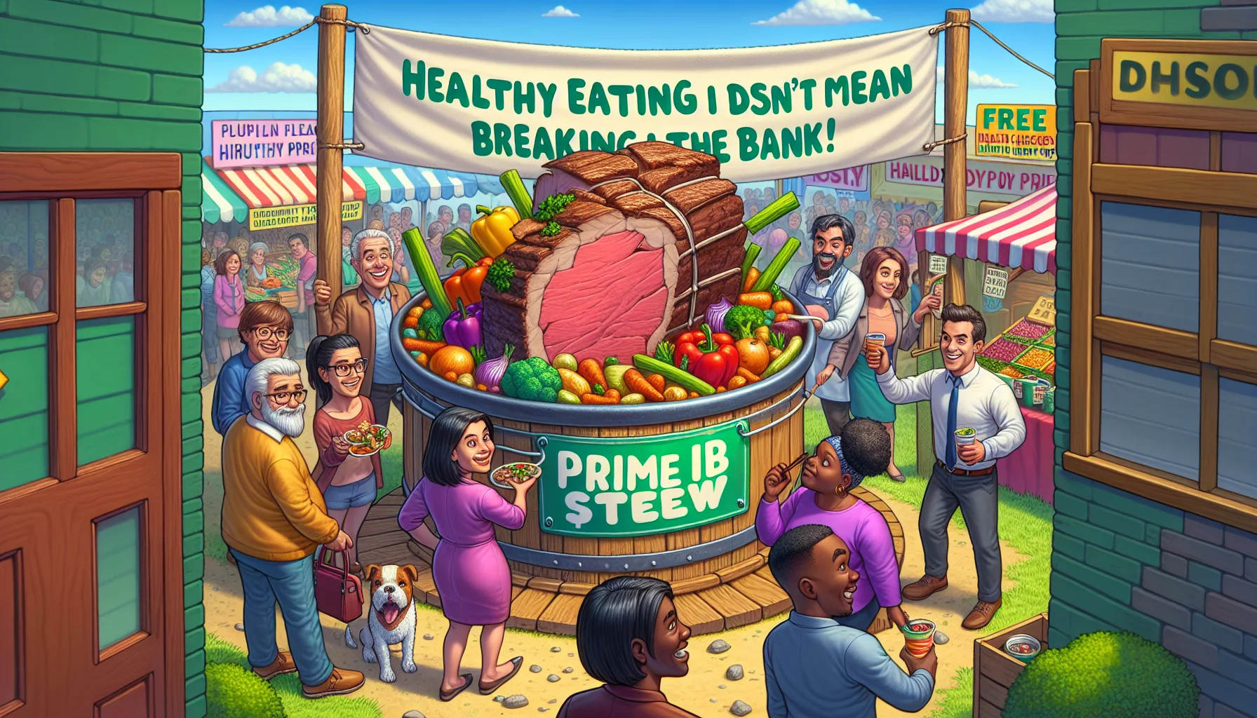 Create a humorous scene focusing on a prime rib stew. The stew, full of colorful vegetables and tender meat, is located right in the middle of a whimsical 'Eat healthily for less' fair. A large banner with the slogan 'Healthy eating doesn't mean breaking the bank!' flutters in the background. A diverse group of people, including a smiling Caucasian man, an intrigued Middle-Eastern woman, and a curious Black teenager, are attracted by the allure of the delicious stew. All around are booths showcasing plentiful affordable produce and free health check-ups.