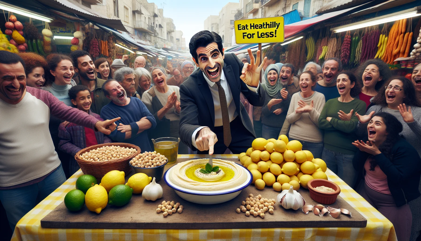 Create a humorous scenario set in a bustling market. A charismatic Middle-Eastern man is demonstrating how to make hummus, pointing enthusiastically at a plate of the creamy dip made from chickpeas, tahini, fresh lemon juice, and garlic. The plate is surrounded by fresh, affordable ingredients - a pile of chickpeas, lemons, and a bulb of garlic, indicating that healthy eating doesn't have to be expensive. The crowd of onlookers, diverse in descent and gender, are laughing and looking intrigued. To emphasize the affordability, a sign reading 'Eat healthily for less!' is prominently displayed.