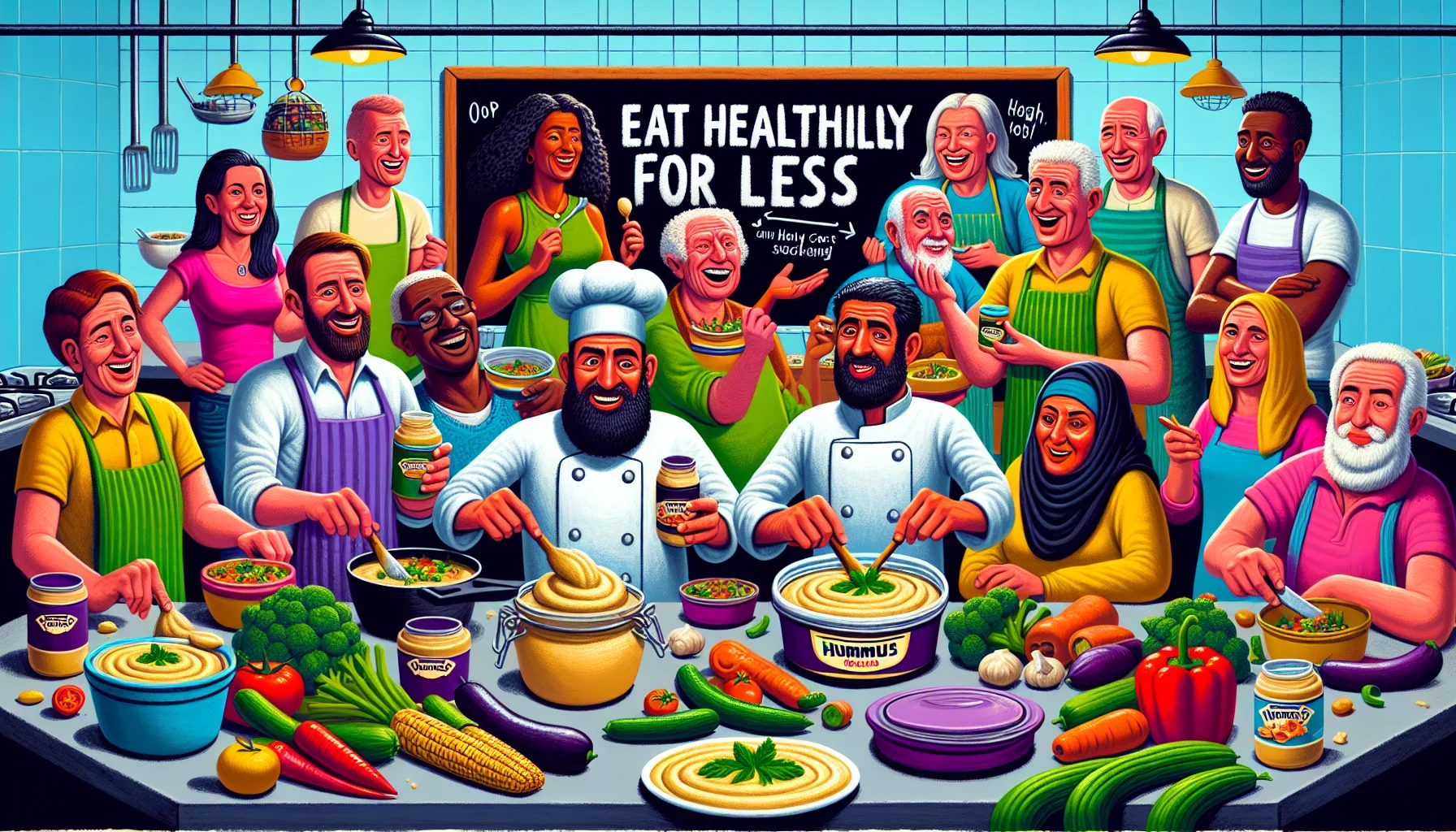 An entertaining scene, filled with vibrant colors and humor, shows a kitchen where hummus is used for creating low cost yet highly nutritious meals. A diverse mix of men and women with different descents such as Caucasian, Black, South Asian, and Hispanic are shown. Some are cooking, while others are discussing recipes featuring hummus as a main ingredient. Their faces light up with laughter as they turn ordinary vegetables into creative culinary artistry with hummus as staple ingredient. On a chalkboard in the background is written the slogan: 'Eat Healthily for Less'.