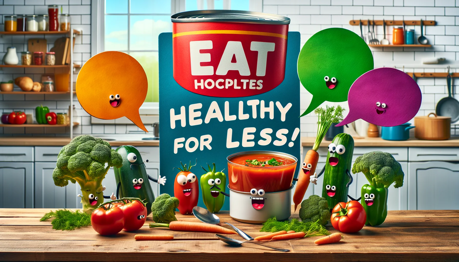 A humorous, budget-friendly, healthy eating scenario unfolds in a bright kitchen. A larger than life can of tomato soup is in the center of a wooden table, surrounded by a collection of raw vegetables like carrots, broccoli, and bell peppers. The vegetables, drawn with anthropomorphic features, seem to approach the soup with zeal, wearing comical expressions of hunger and excitement. Vibrant colored speech bubbles floating above them display simple, yet delicious recipes using tomato soup, like 'Creamy Tomato Vegetable Stew' or 'Tomato Soup Pasta'. The words, 'Eat Healthy for Less!' are displayed in bold letters above the entire scene.