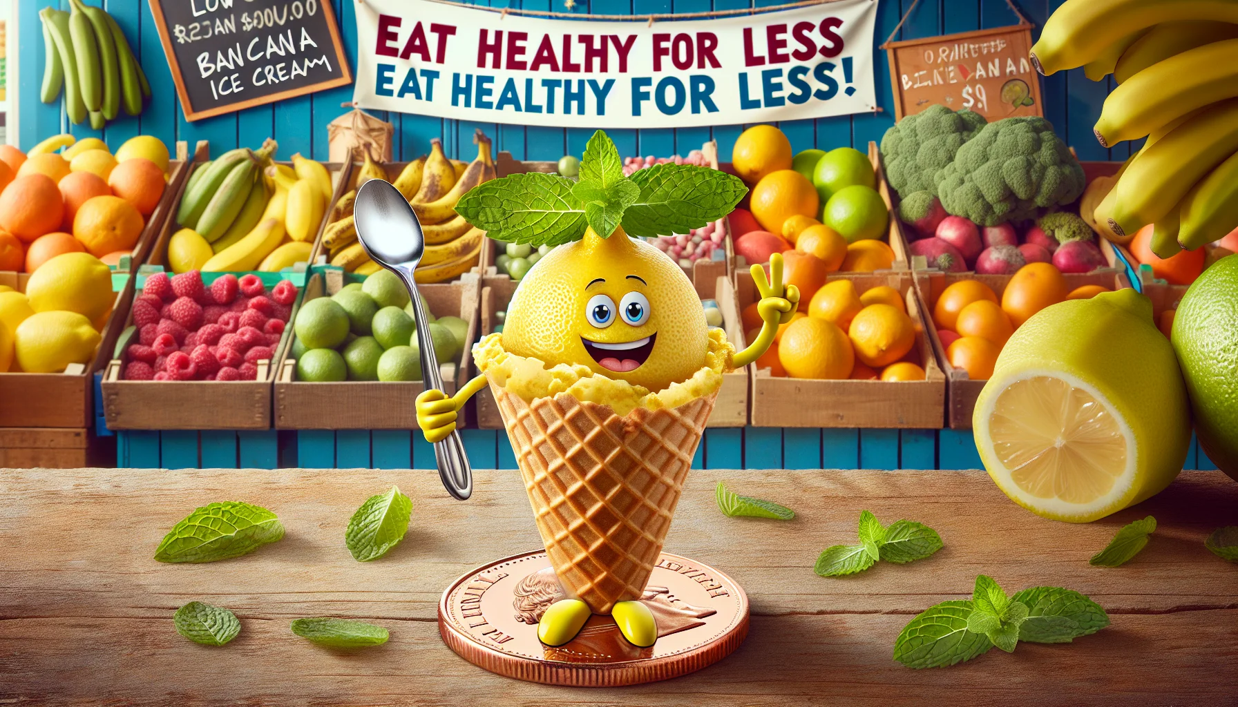 Create an amusing and lively image showcasing a low-cost healthy dessert, focusing on Roasted Banana Ice Cream. The scene involves a quirky lemon standing on a penny, who with a joyful expression, is presenting the delicious ice cream. The ice cream consists of scrumptious scoops of roasted banana ice cream, adorned with fresh mint leaves for garnish. The setting is a colorful farmers market background, with stalls featuring variety of fruits and vegetables, banner above reading 'Eat Healthy for Less!'. The ice cream is in a cornet, made to look even more appetizing with a golden hue emanating from it.