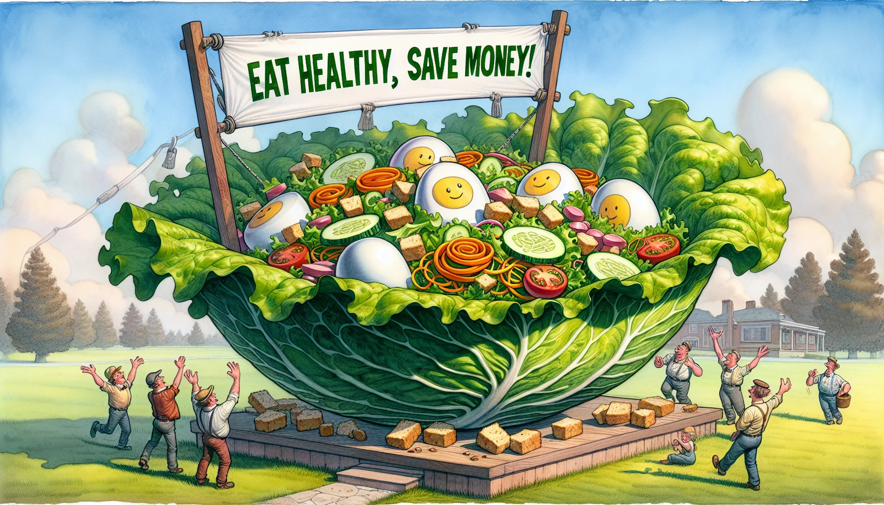 Imagine a fun, preposterously amusing scene promoting thrifty healthy eating. Picture a massive salad bowl nestled comfortably in a gigantic lettuce leaf hammock, swaying gently on a sunny day. The salad is a vibrant puzzle of fresh veggies, spiraled carrots, crisp cucumber, succulent cherry tomatoes, leafy greens, and clusters of crunchy croutons. Amongst this, hard-boiled eggs with playful cheery faces, gazing up at a big banner overhead that reads, 'Eat Healthy, Save Money!'. The whimsy is amplified by artists like cartoonists from the late 19th century, invoking humor and simplicity. Paint this scenario in watercolor style.