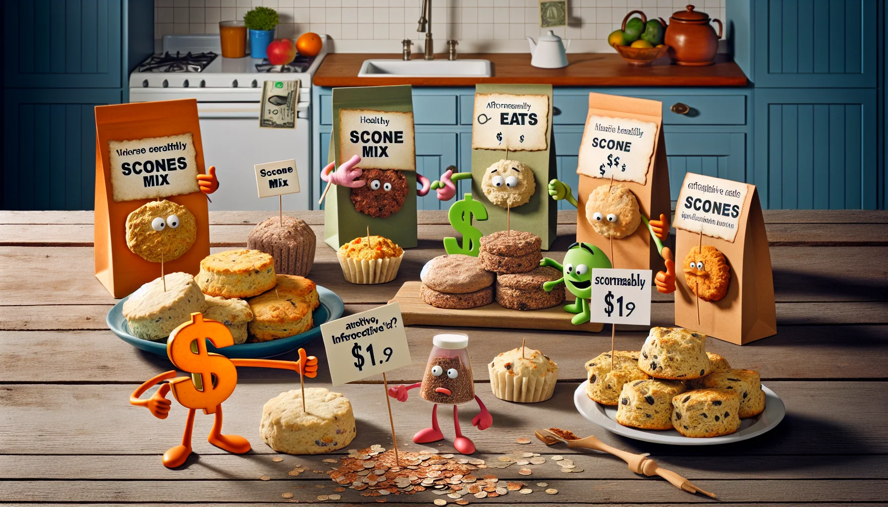Humorous scene in a home kitchen displaying different options for scone mix gift ideas. A variety of healthy, inexpensively prepared scones made with alternative ingredients like whole wheat, oats, and flax seeds are arranged creatively on a rustic wooden table. A well-designed price tag attached to each suggests the affordable nature of these mixes. A sprinkle of light-hearted elements like animated dollar bills attempting to grab a bite of the scones and ‘penny’ characters showing thumbs-up signs contribute to the funny scenario, aimed at encouraging economical and health-conscious eating.