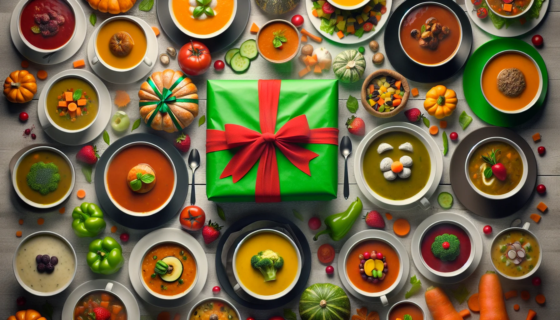 Envision a captivating and humorous scene filled with steaming bowls of healthy vegetable soup. Various types of soups such as tomato, pumpkin, and lentil soup are beautifully arranged and presented as if they're having a party. In the middle, stands a surprise gift wrapped in bright, eco-friendly paper, with a big red bow on top. The gift tag humorously reads, 'Eat healthy for less, get a treat!' This thoughtful yet funny play implies that eating healthily can be inexpensive yet rewarding.