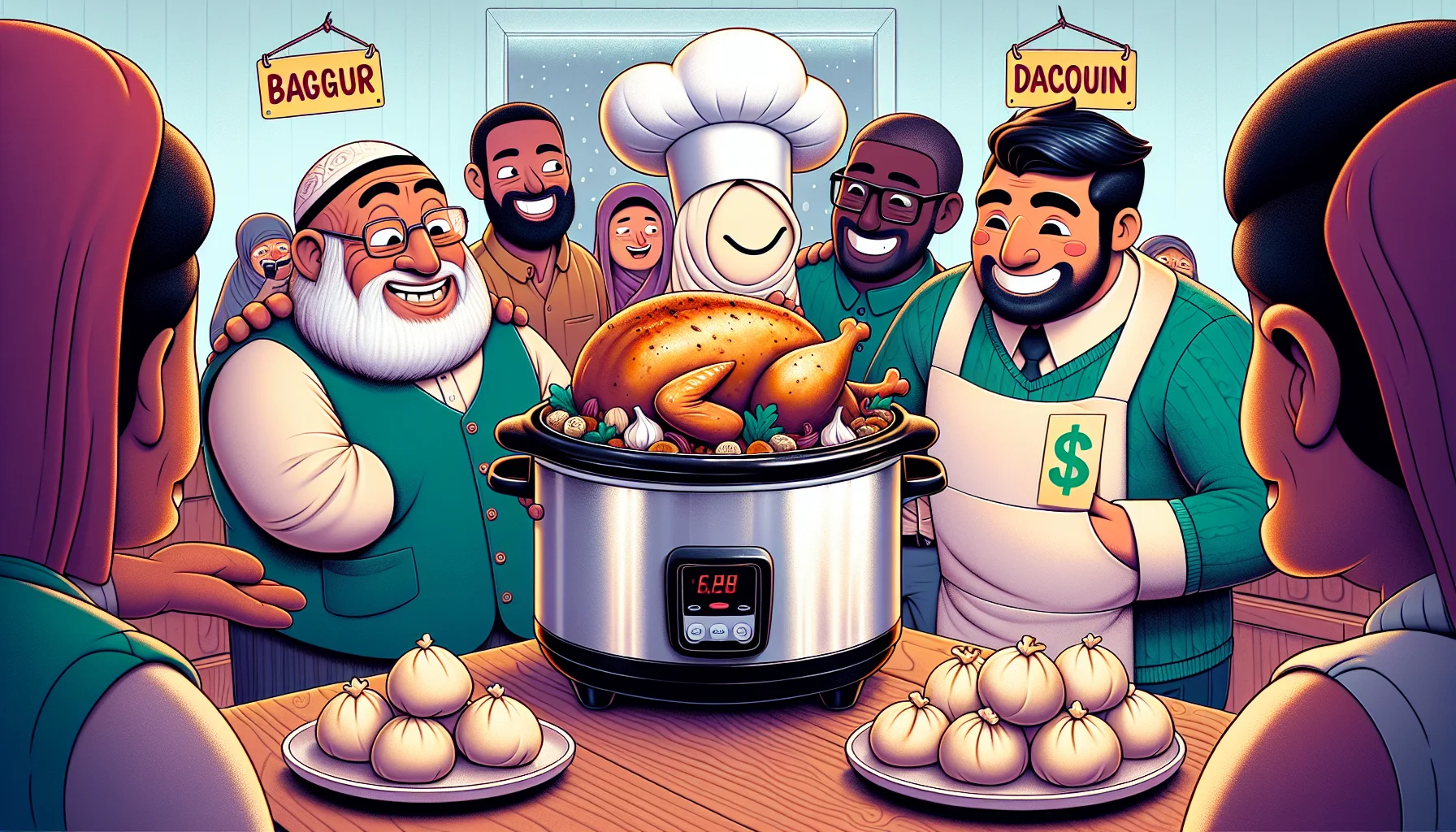 Illustrate a humorous scene where an anthropomorphic slow-cooker is at the center of attention, donning a chef’s hat and apron displaying a hearty plate loaded with succulent chicken simmered to perfect tenderness and fluffy garlic dumplings. A diverse group of people, including a Middle-Eastern man and a South Asian woman, are eagerly awaiting their share, their pockets turned inside out to signify limited budget, meanwhile their faces light up with delight and anticipation. The background could be a cozy kitchen with bargain tags and discount signs hung to emphasize the affordability of the tasty home-cooked meal.