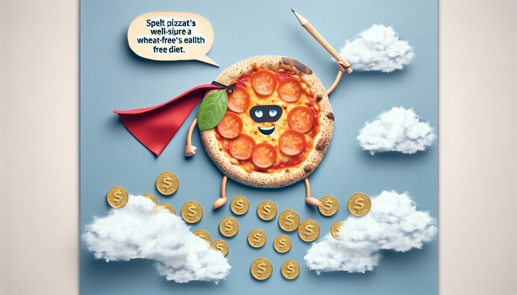 Craft a comical, realistic scene that showcases a Spelt Pizza Crust well-suited for a wheat-free diet. The image should have a playful tone and highlight the affordability. The pizza might be positioned as a superhero wearing a cape, flying through the sky, with coins following behind to signify cost-effectiveness. It's an adorable personification of the pizza, in-process of saving the day with healthy and affordable eating alternatives.