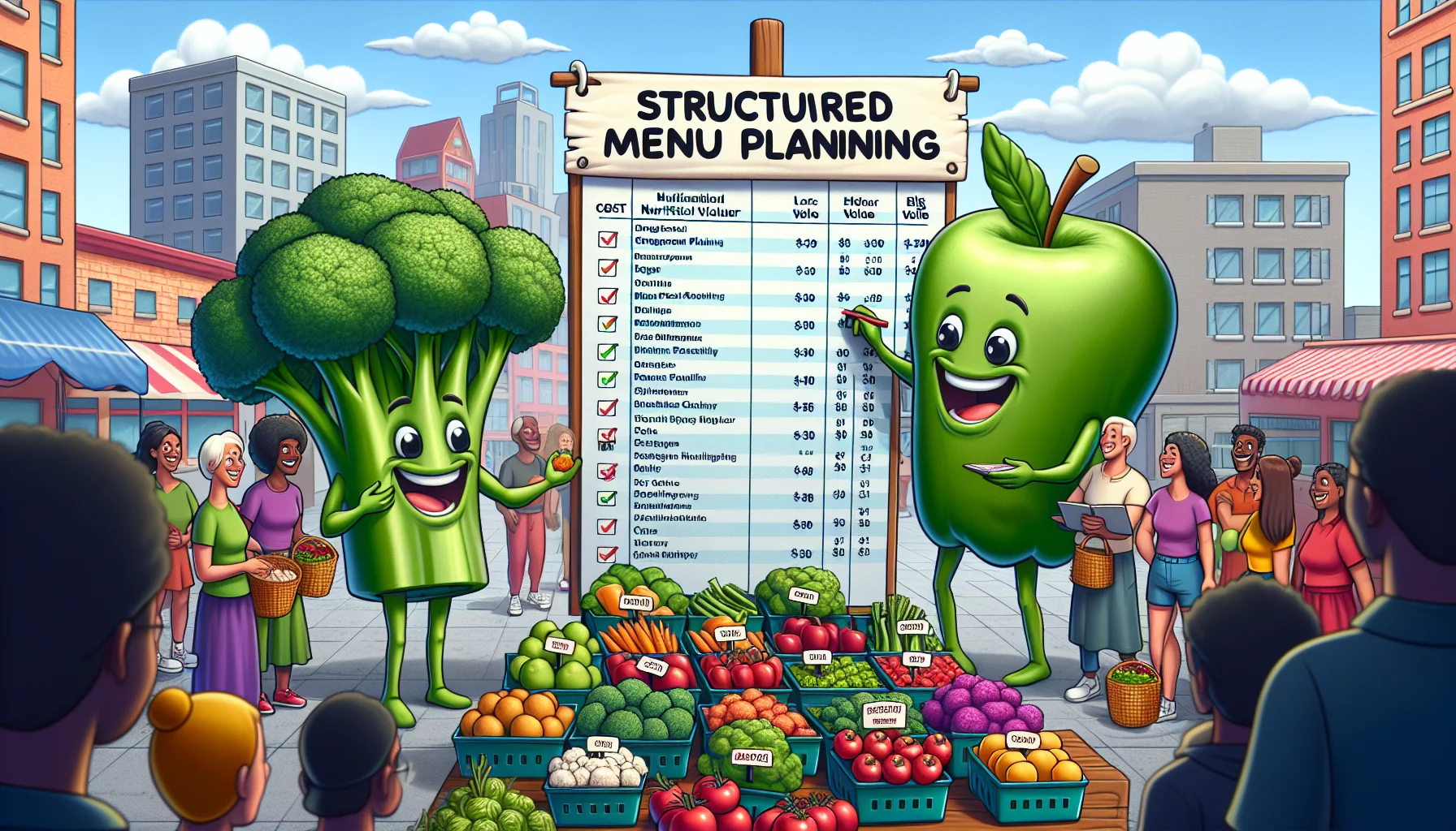 Visualize an amusing scenario revolving around Structured Menu Planning with the aim of promoting healthy eating for less budget. Imagine a colorful, lively outdoor fresh produce market. In the foreground, there's an animated pair of broccoli and apple characters with grinning faces, checking off items on a big sheet titled 'Structured Menu Planning'. In the background, there are cost and nutritional value placards next to all items. The colorful veggies and fruits look delectable leading to a growing line of diverse people of different descents such as Caucasian, Asian, Middle-Eastern, smiling and filling their baskets eagerly, appreciating the approach to affordable, healthy eating.