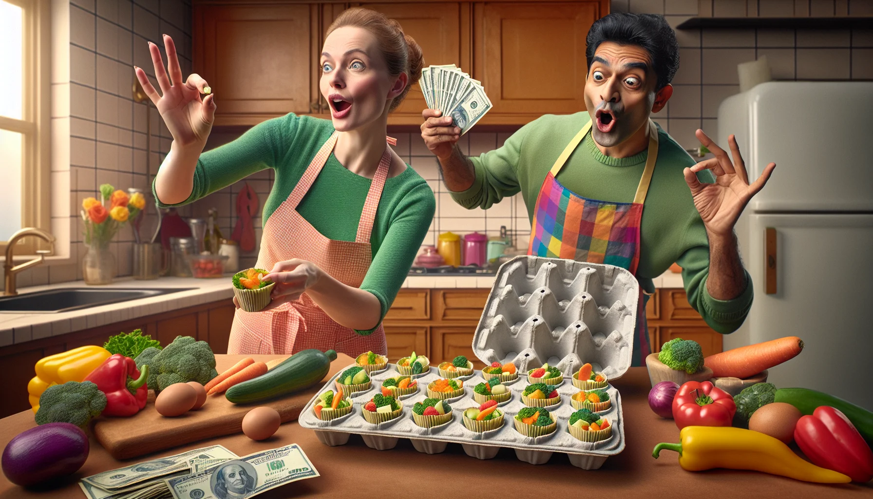 Visualize a whimsical and realistic kitchen scene where Egg Carton Muffin Tins are being used to encourage eating healthy on a budget. The image showcases a Caucasian woman and a South Asian man engaging in a playful cooking session. The woman is filling the carton designed muffin tins with a mix of vibrant, fresh vegetables while the man is motioning towards the filled tins with an exaggerated expression of surprise. He holds a bundle of money in his other hand, symbolizing savings. The ambience is full of merriment with colourful aprons, kitchen utensils, and a healthy, lustrous muffin on the counter to entice viewers.