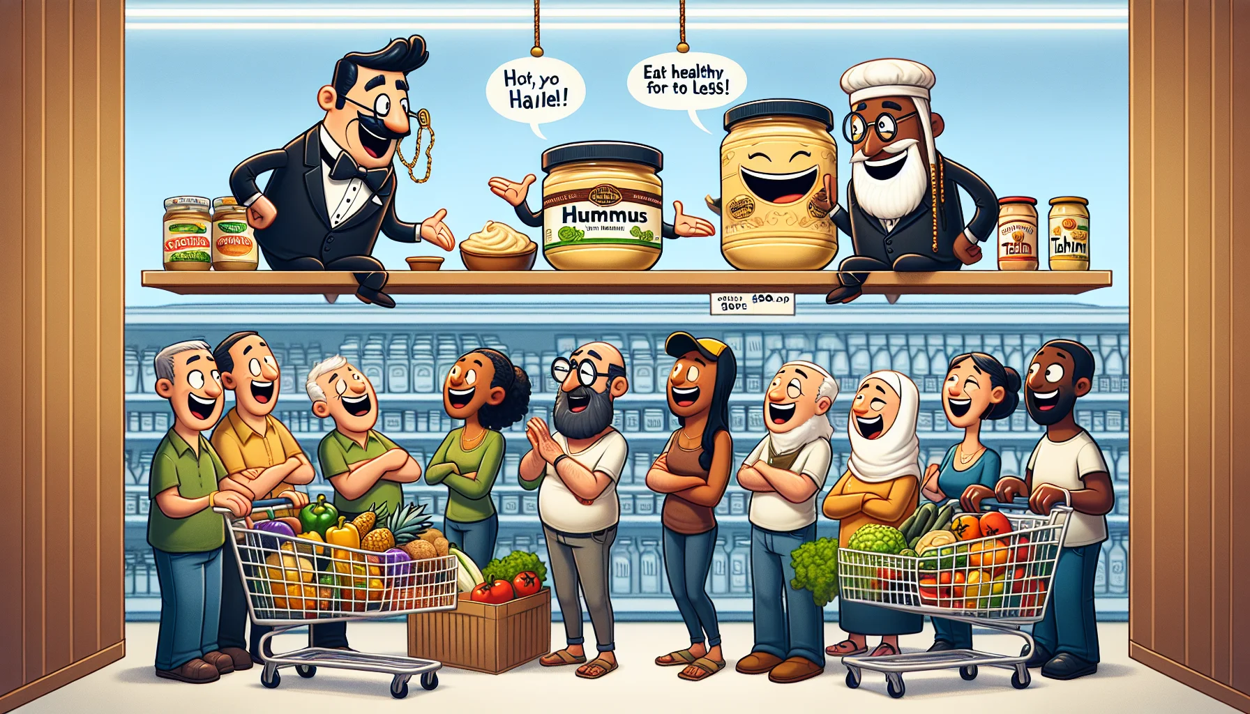 Imagine a comical scene in a grocery store. Two animated jars on the top shelf are having a friendly debate. On one side, we have a fancy jar of hummus, dressed in a classic tuxedo with a monocle, boasting about its rich and creamy texture. On the other side, we have a bottle of tahini, dressed casually in a sports cap and jeans, chuckling and pointing out the cost-effectiveness of cooking at home with tahini as a base. Below them, a variety of enthusiastic customers with varying genders and descents such as a Middle-Eastern woman, a Hispanic man, a South Asian senior, and a young Black man are laughing and watching the argument, their shopping carts filled with fresh fruits, vegetables, and grains. A hanging sign reads, 'Eat Healthy for Less!'