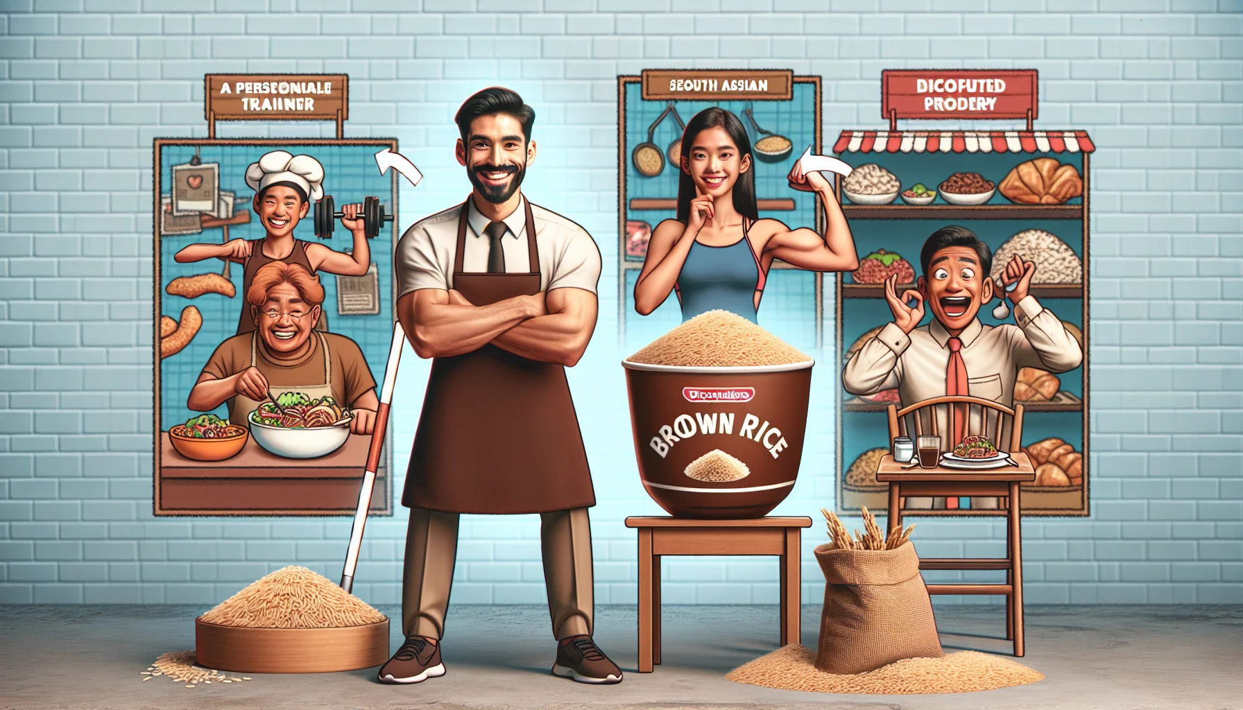 Generate a humorous and realistic image that highlights the versatility of brown rice. In this scene, three main areas should be depicted. The first is a man who is a Caucasian personal trainer, and a South Asian woman who is a chef, both preparing dishes with brown rice. The second section is a mini grocery store where brown rice is prominently displayed with an attractive discounted price label. The third part shows an imaginative scenario where a Hispanic family is joyfully dining on various meals made from brown rice, expressing their surprise at the delicious flavors. This visual summary should encourage the viewers to consider purchasing brown rice for affordable and healthy food options.
