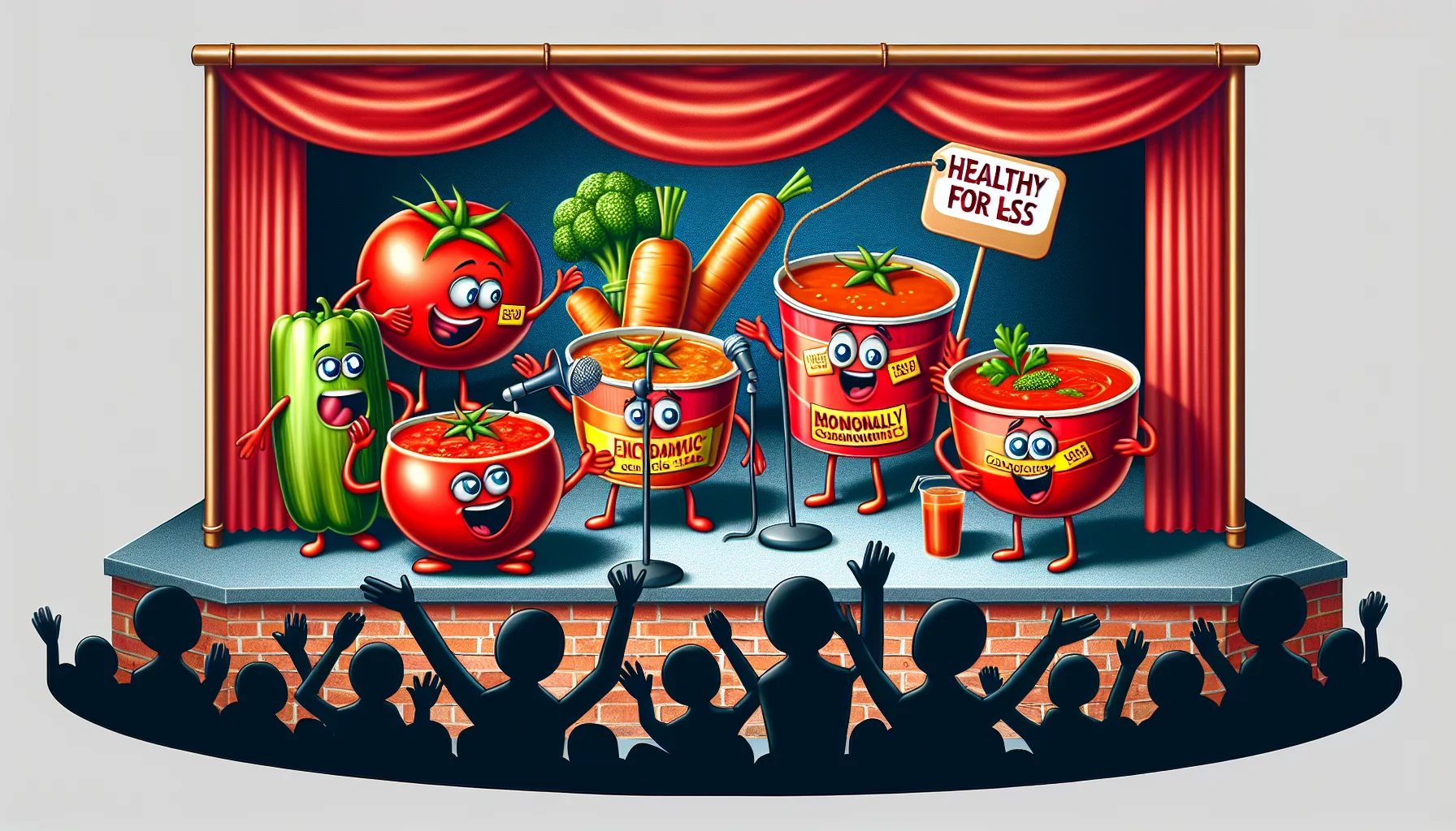 Generate a humorous and realistic image of a variety of tomato-based soups playfully 'acting' in a theatrical manner. They are presenting and advertising themselves to an audience. Each soup has a character, with the most lavish being an economical one - it wears a price tag that says 'healthy for less'. Make sure to add some vegetable characters in the background relating to tomato - carrots, bell peppers, onions, etc. - applauding and cheering them on. The message should be quirky yet inspiring, showcasing that eating healthy does not have to be expensive.