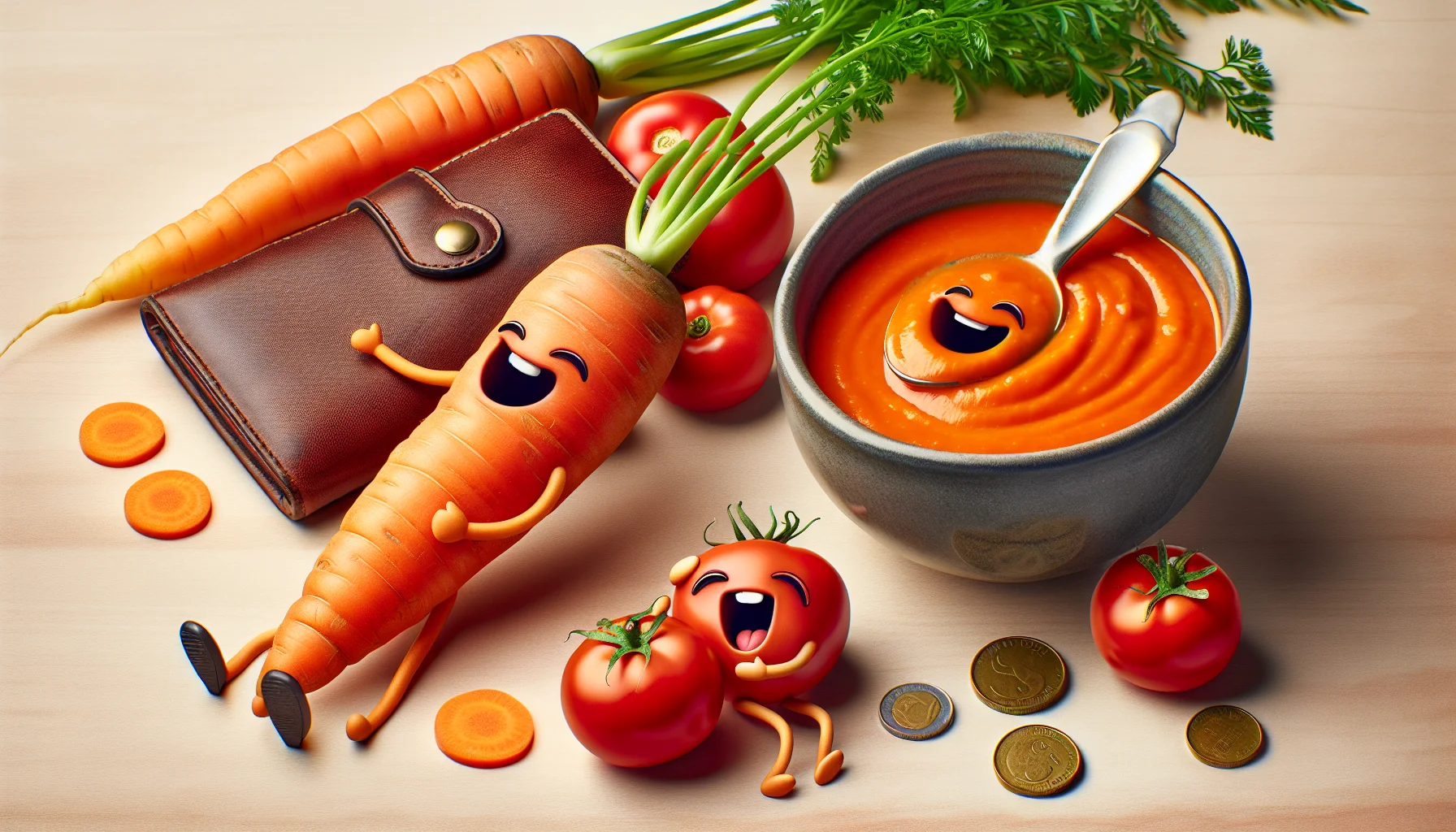 Imagine a humorous and enticing scenario depicting a bowl of tomato carrot soup. The beautifully blended soup has an inviting deep orange color, with visible chunks of soft carrot and luscious puree of ripe tomatoes. A playful little spoon character is diving into the bowl as if it was a pool, with a big satisfying smile on the spoon's face. Nearby, you see a wallet and a coin, both laughing as they hug in tranquility, surrounded by inexpensively priced vegetables like carrots, tomatoes, and other healthy ingredients. They are all enticing viewers into considering the affordability and health benefits of homemade food.