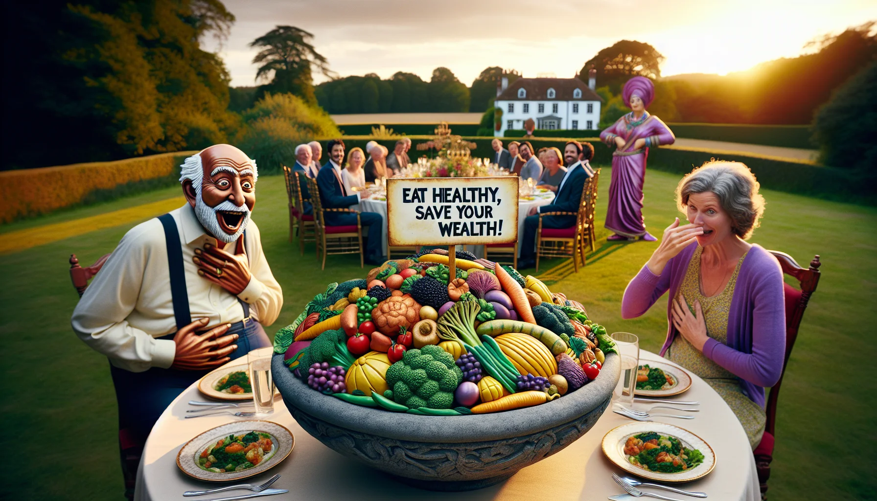 Imagine you are at a humorous garden party set in the beautiful countryside. On a lavishly decorated table, there's a stone bowl filled with a vibrant assortment of colorful, well-cooked vegetables, indicative of a traditional ratatouille dish. Beside the bowl, a comical sign reads, 'Eat healthy, save your wealth!' highlighting the economical benefits of healthy eating. Among the party guests, you can see an elderly South Asian man laughing heartily, grasping his stomach, while a Caucasian woman in her mid-thirties raises an eyebrow curiously. The sun is setting, casting a golden hue over the scene, making it a perfect and internally encouraging setting.