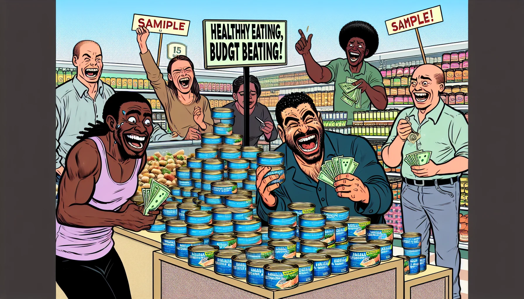 Imagine a hysterically amusing scene taking place in a grocery store. At the center of the scene is a display of sparkling cans of healthy, sustainable, and cost-effective tuna spread. A sign above proclaims 'Healthy Eating, Budget Beating!' An Middle-Eastern man with a wide grin is trying a sample and laughing heartily. A Black woman with an amused smirk pointing at the tuna spread whilst clutching a handful of dollar bills. There are confused and entertained shoppers pausing in their tracks to see what the fuss is about. All these instill a sense of budget-friendly healthy food options.