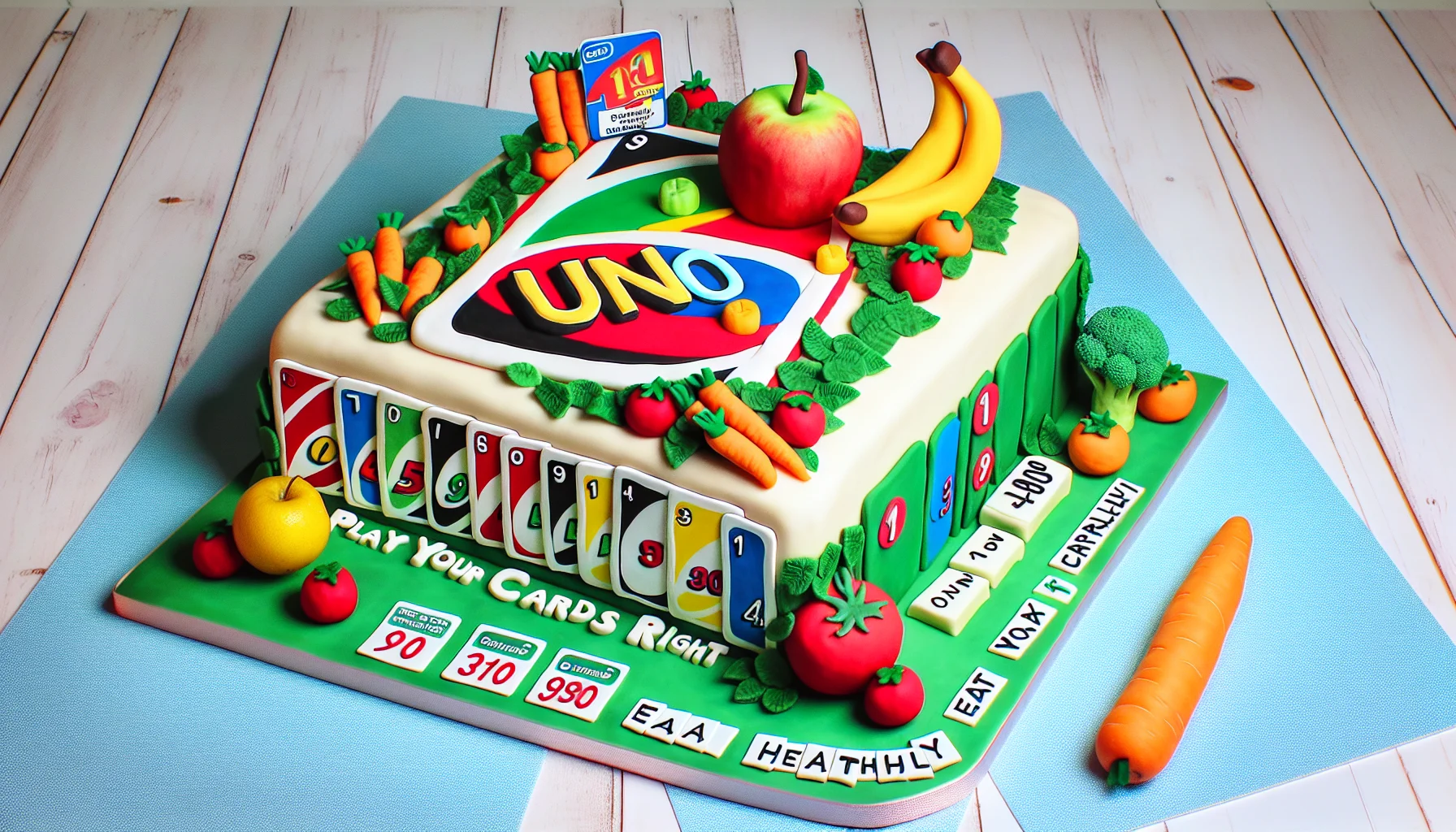 Create an image of a humorously decorated birthday cake, themed around the popular card game Uno. The cake is incredibly detailed, replicating the vibrant colors and symbols of Uno cards. In a playful twist, fruits and vegetables have been added to the decoration, a charming contrast to the typically sweet treat. Perhaps there are carrot replicas of Uno cards or an apple designed as the draw four wild card. Next to the cake is a catchy caption 'Play your cards right, eat healthily!' Moreover, there are price tags attached to the fruits and vegetables, surprisingly low, encouraging a healthy diet on a budget.
